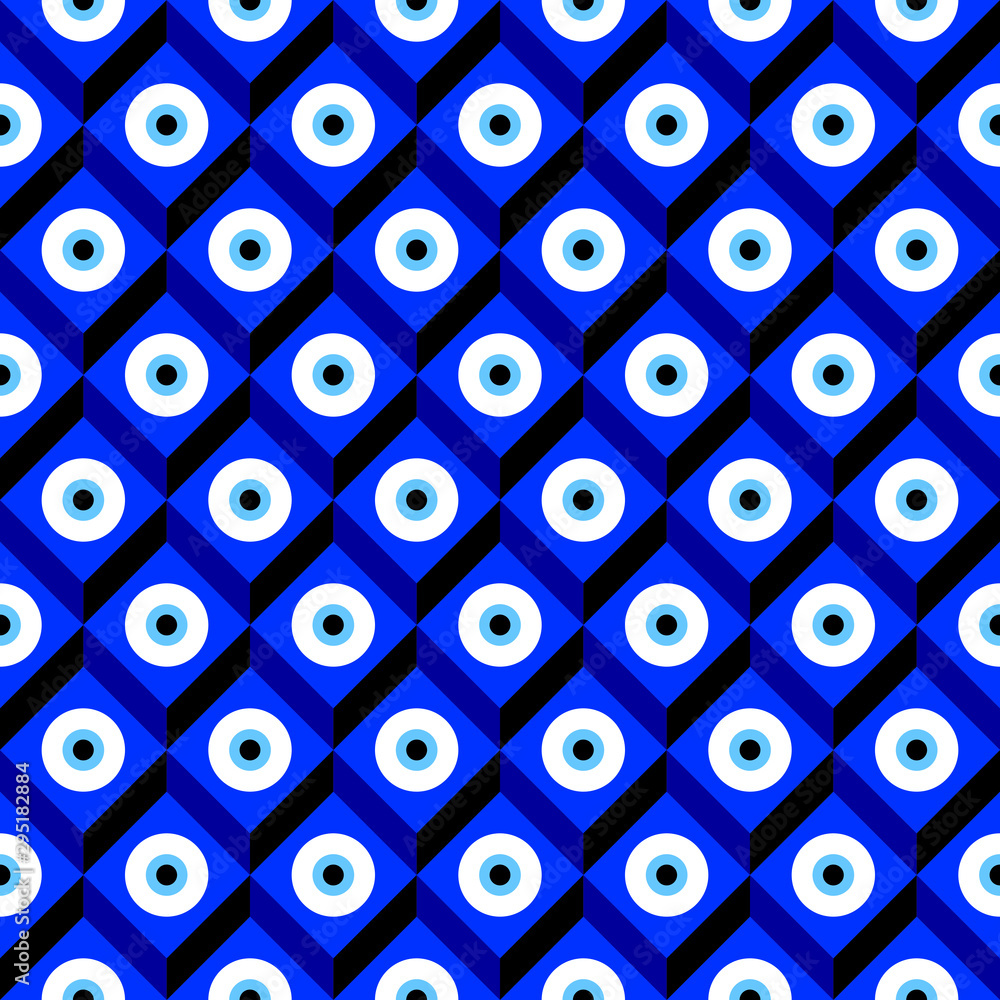 Seamless pattern with Turkish evil eye bead. Good luck. Turkish tile. Oriental ottoman design vector background. Perfect for wallpaper, pattern fills, web page background, surface textures, textile Stock Vector