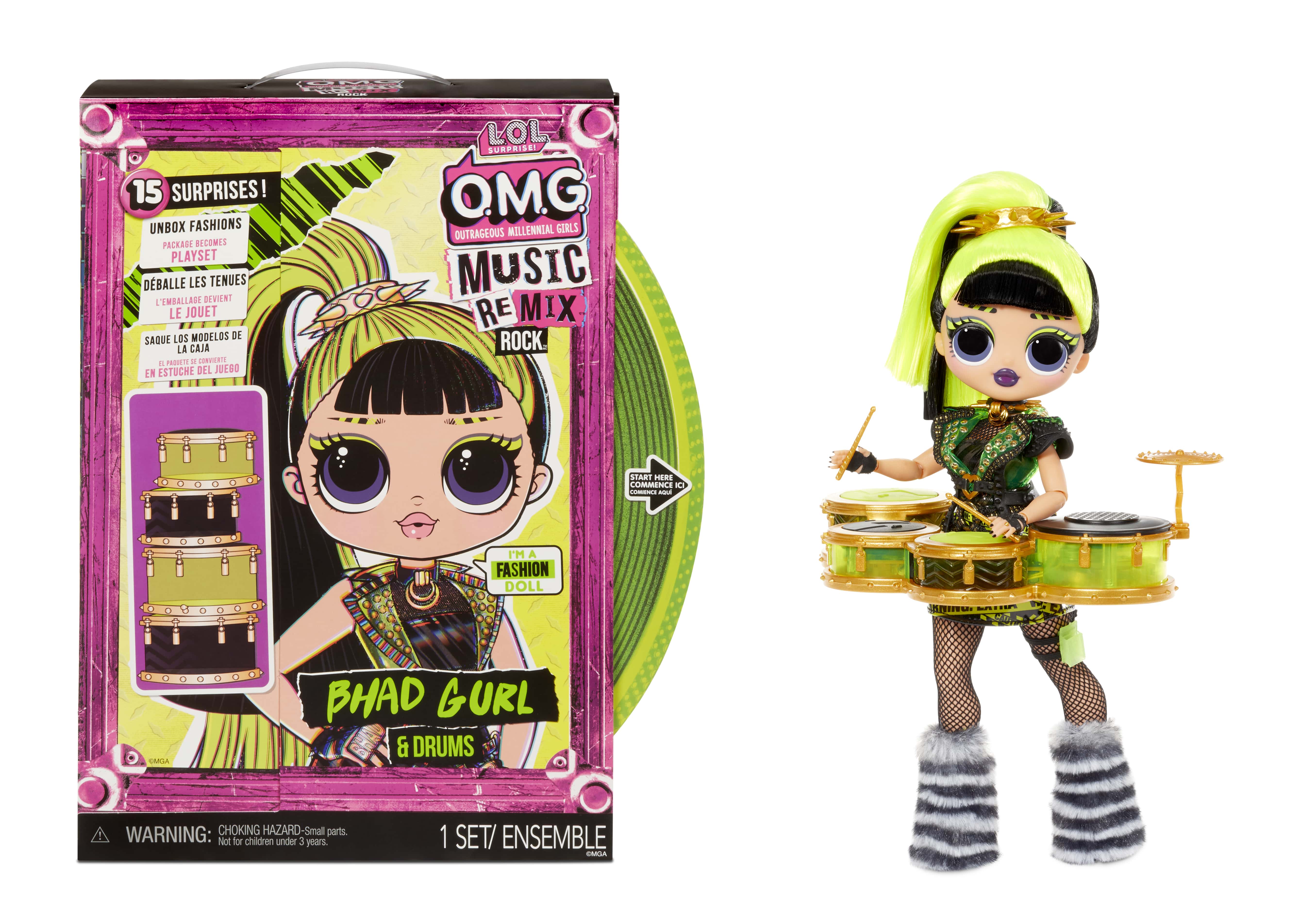 LOL Surprise Omg Remix Rock Bhad Gurl Fashion Doll With 15 Surprises Including Drums, Outfit, Shoes, Hair Brush, Doll Stand, Lyric Magazine, And Record Player Package Girls Ages