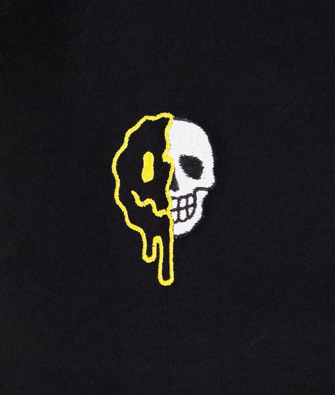 Happy Face Skull Drip Embroidered Mens T Shirt. Riot Society Clothing