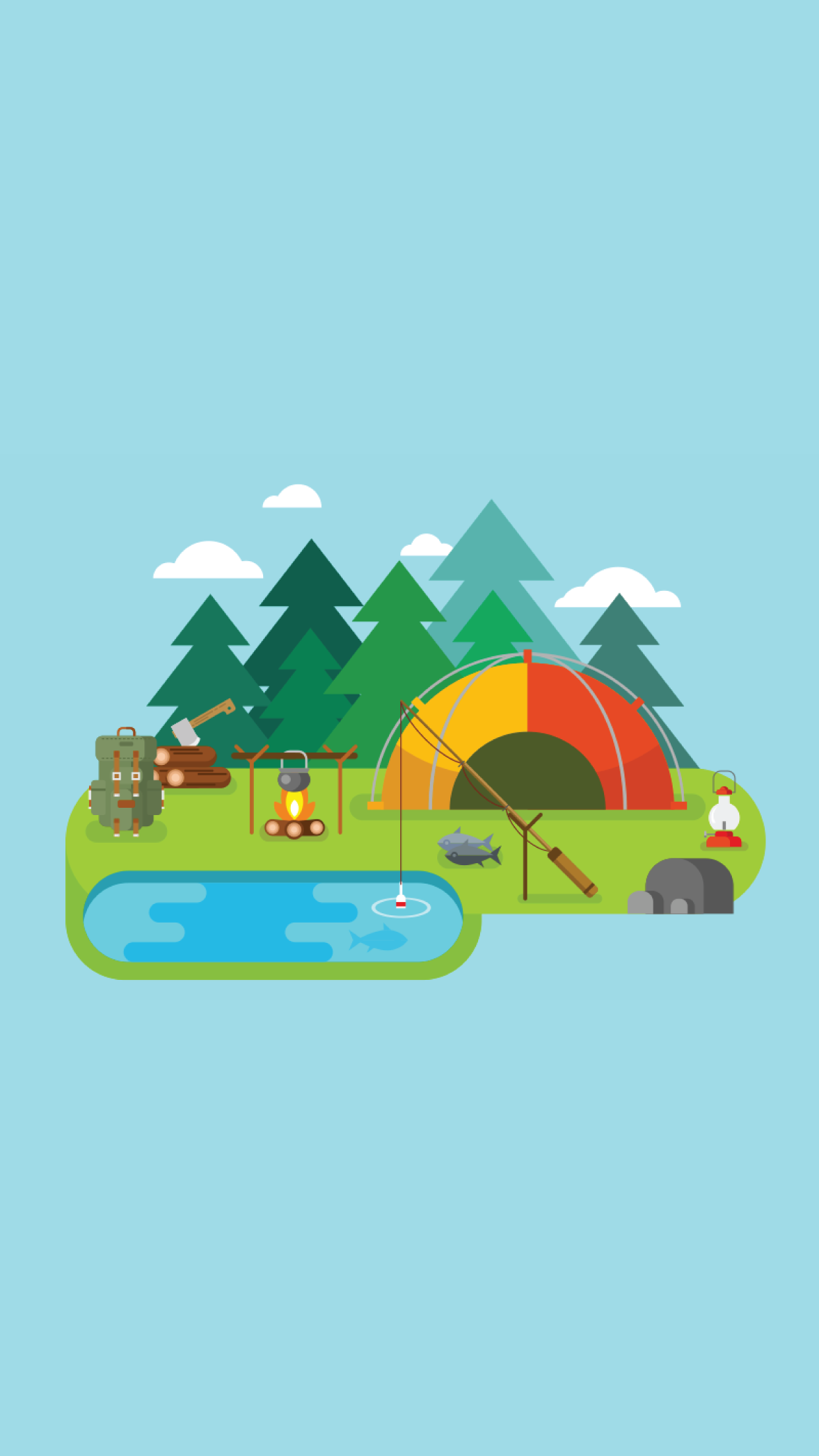 Camping Minimalism Blue Background Trees Tent Fishing Rod Wood Simple Simple Background Artwork Wallpaper:1242x2208