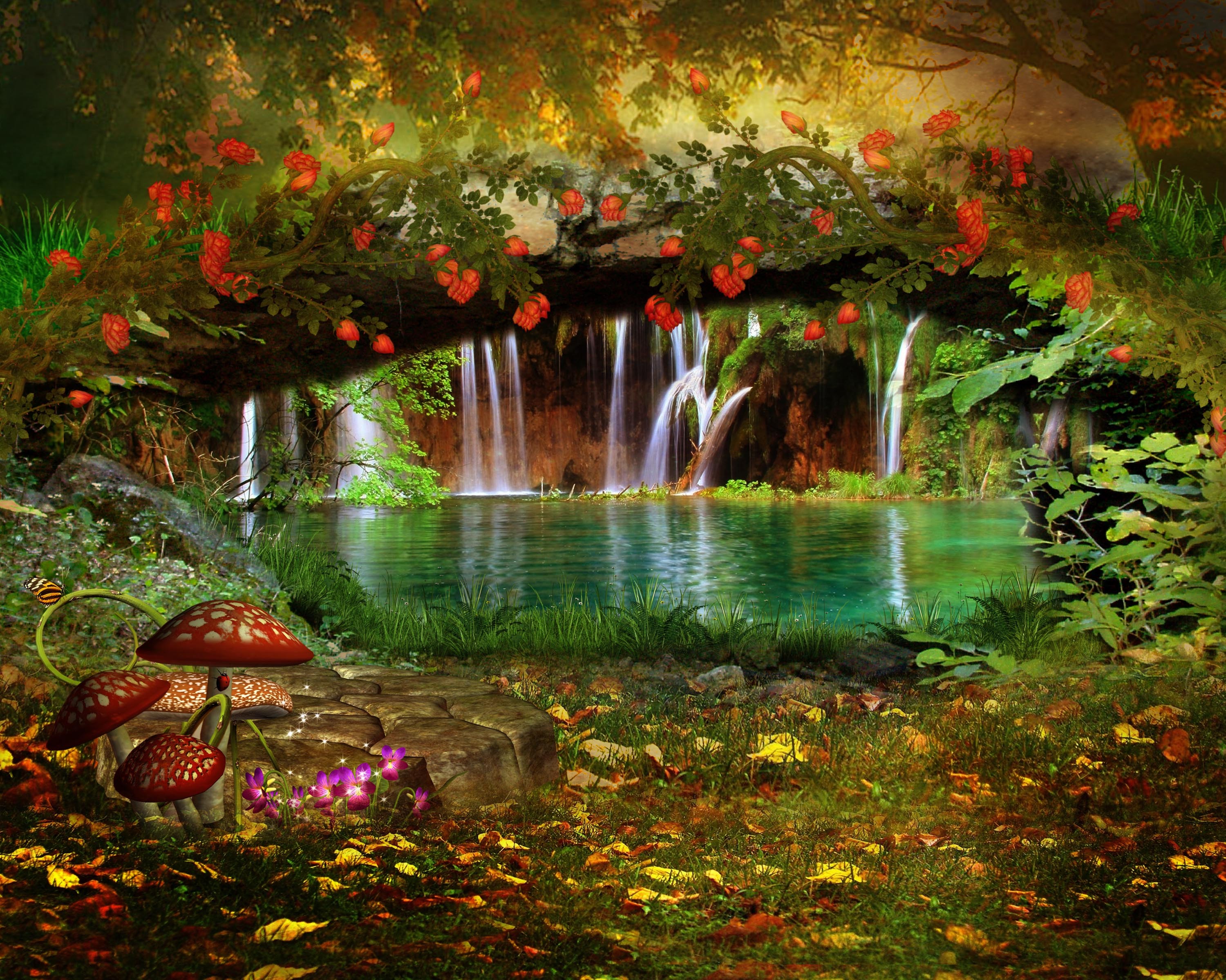 Landscape, Nature, Flowers, Waterfall Wallpaper & Background Image
