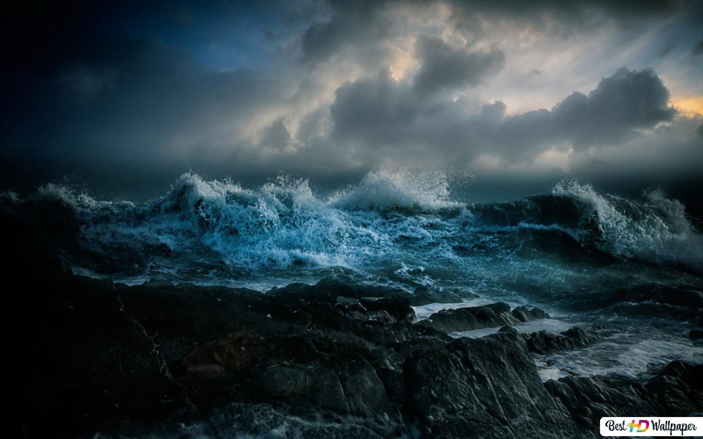 Storm next to the rocky shore in the sea HD wallpaper download