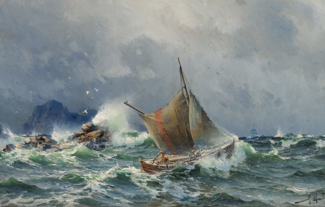 Wallpaper wave, birds, stones, rocks, sail, boat, Herman Gustav Sillen, Stormy sea image for desktop, section живопись
