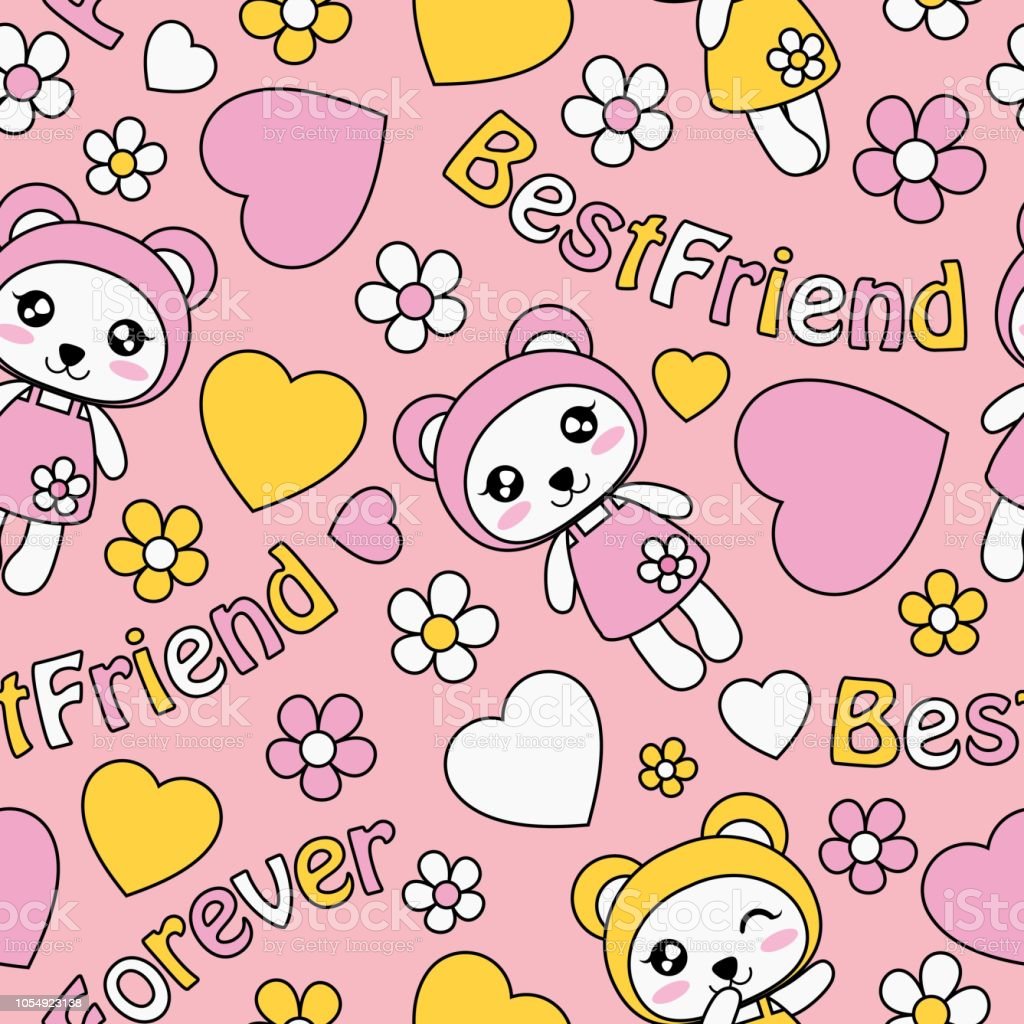 Cute Panda Girls Love And Flowers On Pink Background Vector Cartoon Suitable For Kid Wallpaper Design Stock Illustration Image Now