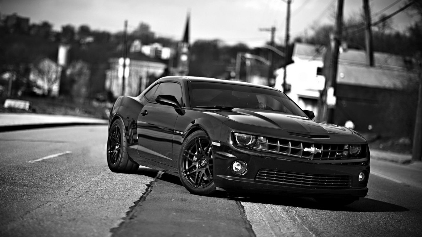 Download wallpaper 1366x768 chevrolet camaro, chevrolet, cars, front view, black white tablet, laptop HD background