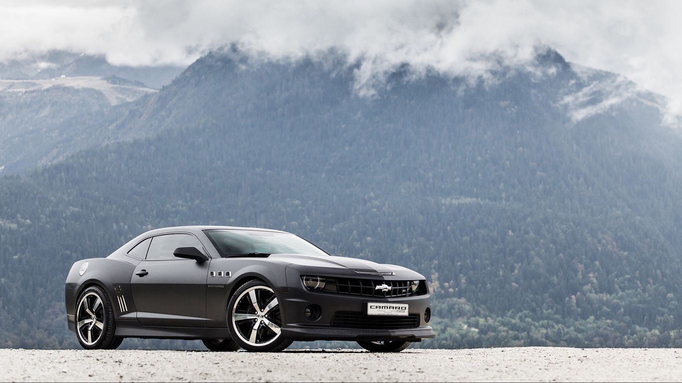 Download wallpaper 1366x768 chevrolet, camaro ss, black, side view, mountain tablet, laptop HD background