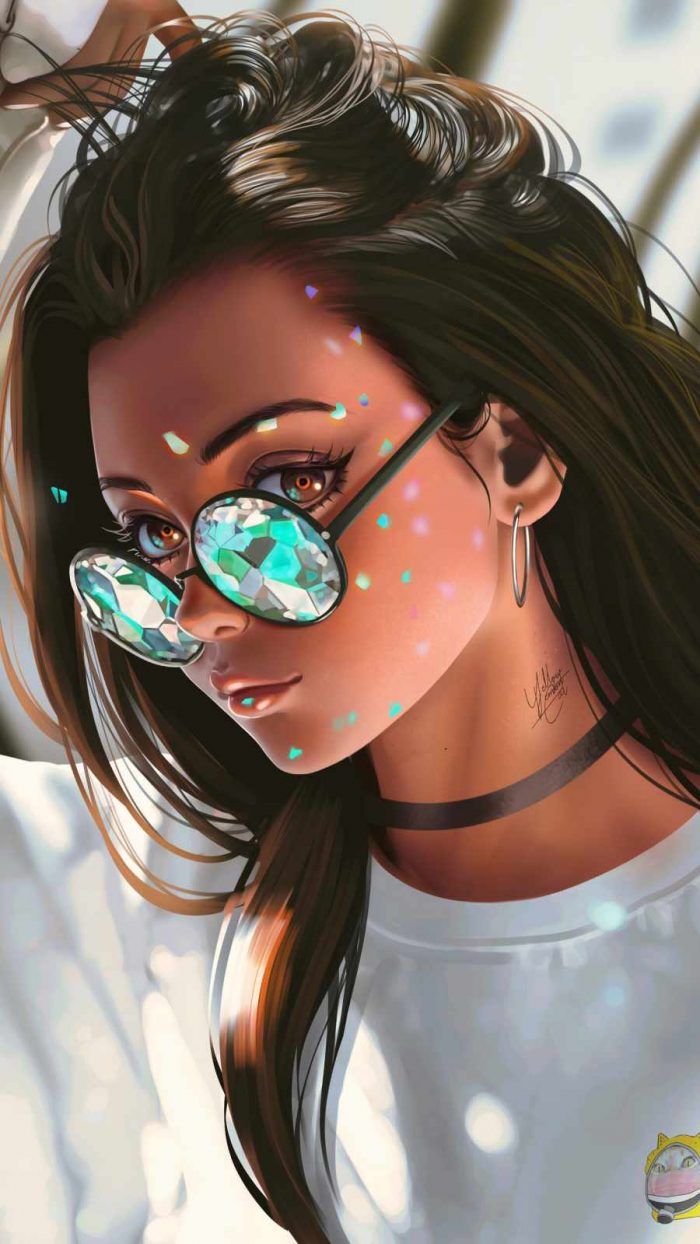 Girl Portrait Lights Hanging Around Head Wallpaper, iPhone Wallpaper. Girl with sunglasses, Cartoon girl image, Digital art girl
