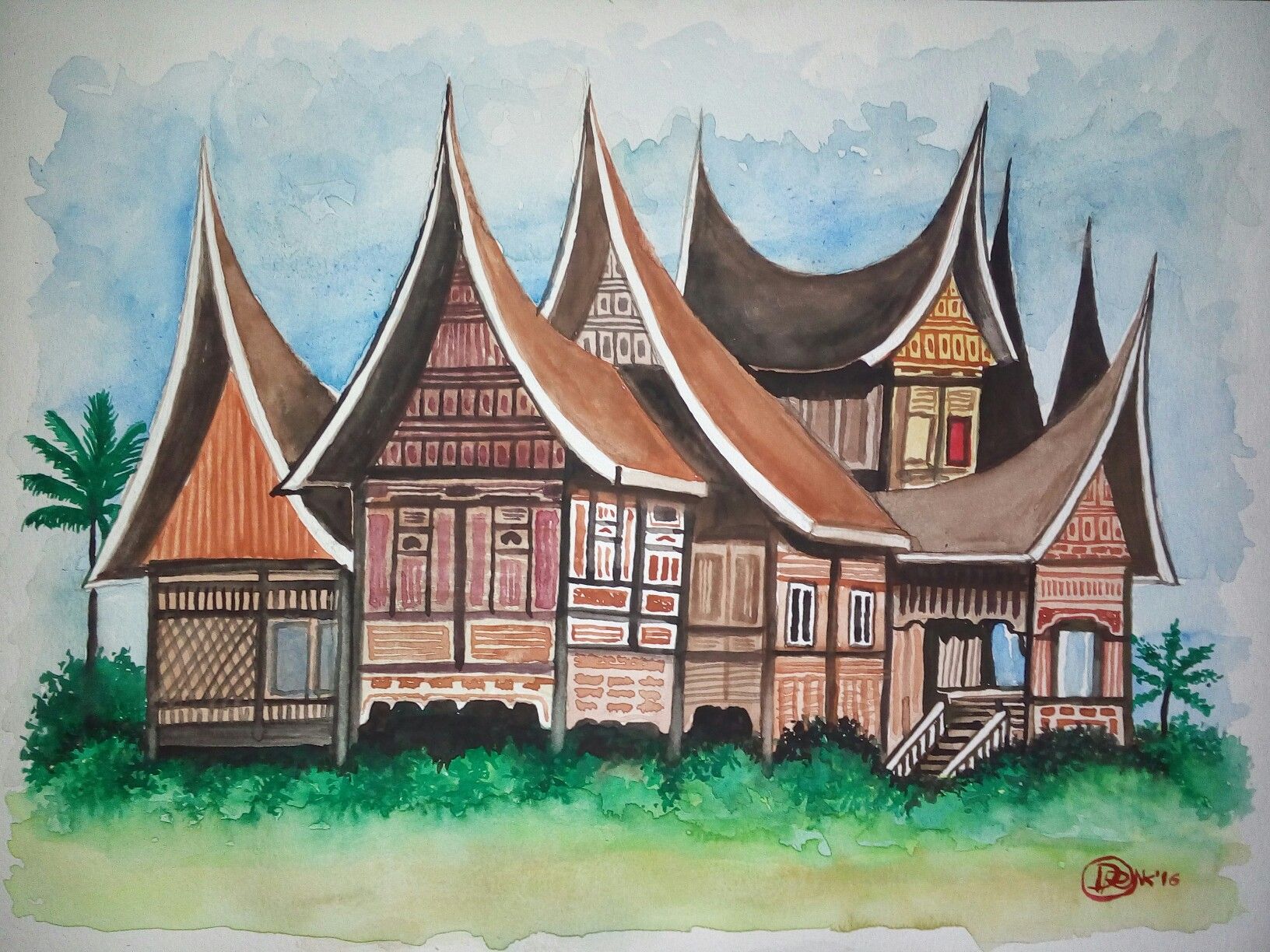 Water colour painting, rumah gadang, sumatra selatan, , indonesian culture. Minangkabau, Indonesian art, Dark art tattoo