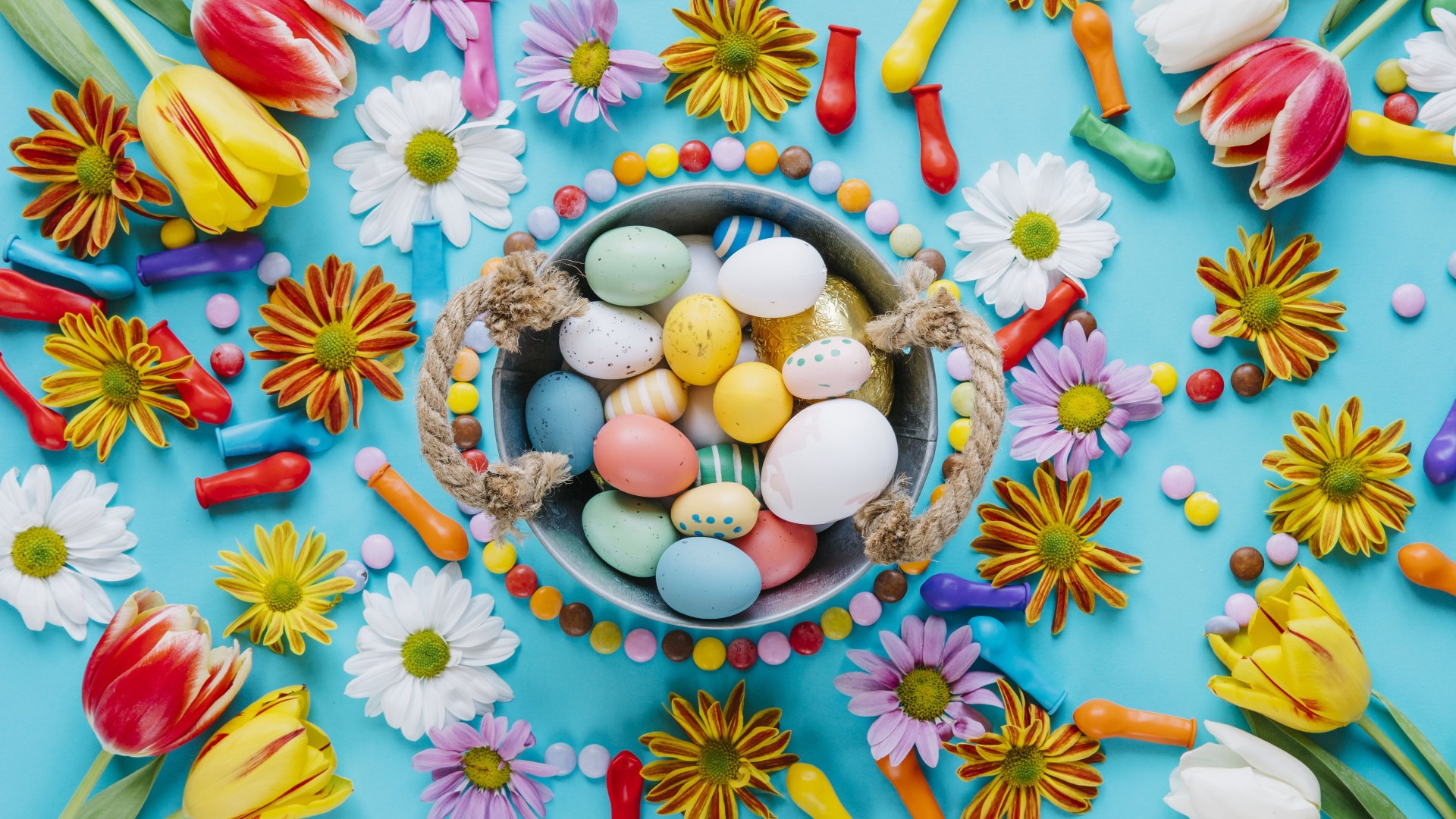 Download 1920x1080 Easter Eggs, Flowers, Sweets Wallpaper for Widescreen