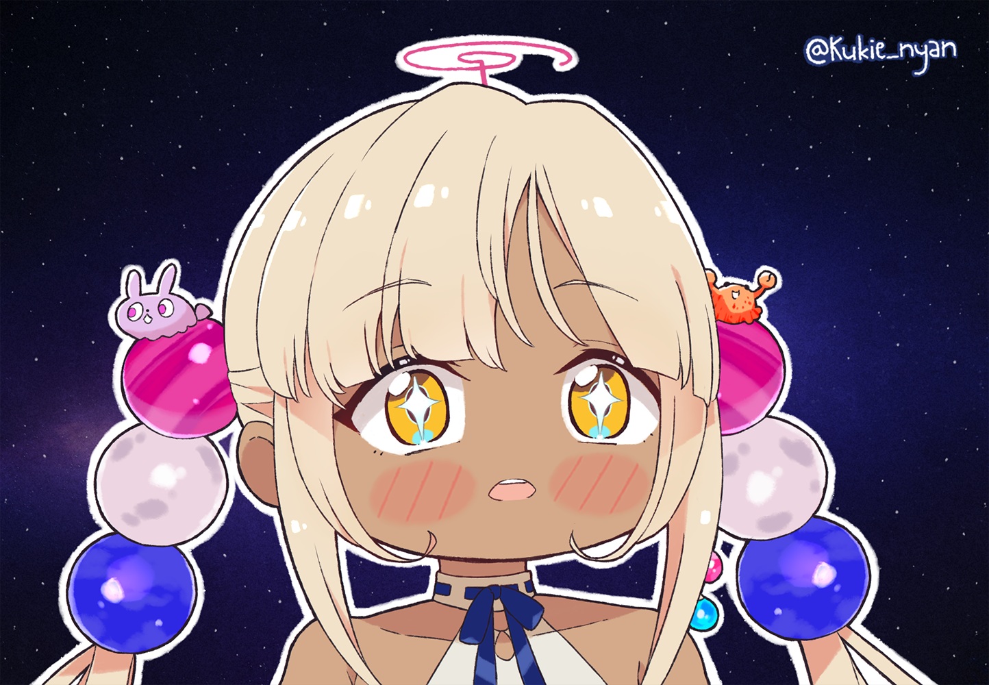 Blonde Hair Blush Bow Close Dark Skin Hololive Kukie Nyan Long Hair Ribbons Space Stars Tsukumo Sana Twintails Watermark Yellow Eyes. Konachan.net.com Anime Wallpaper