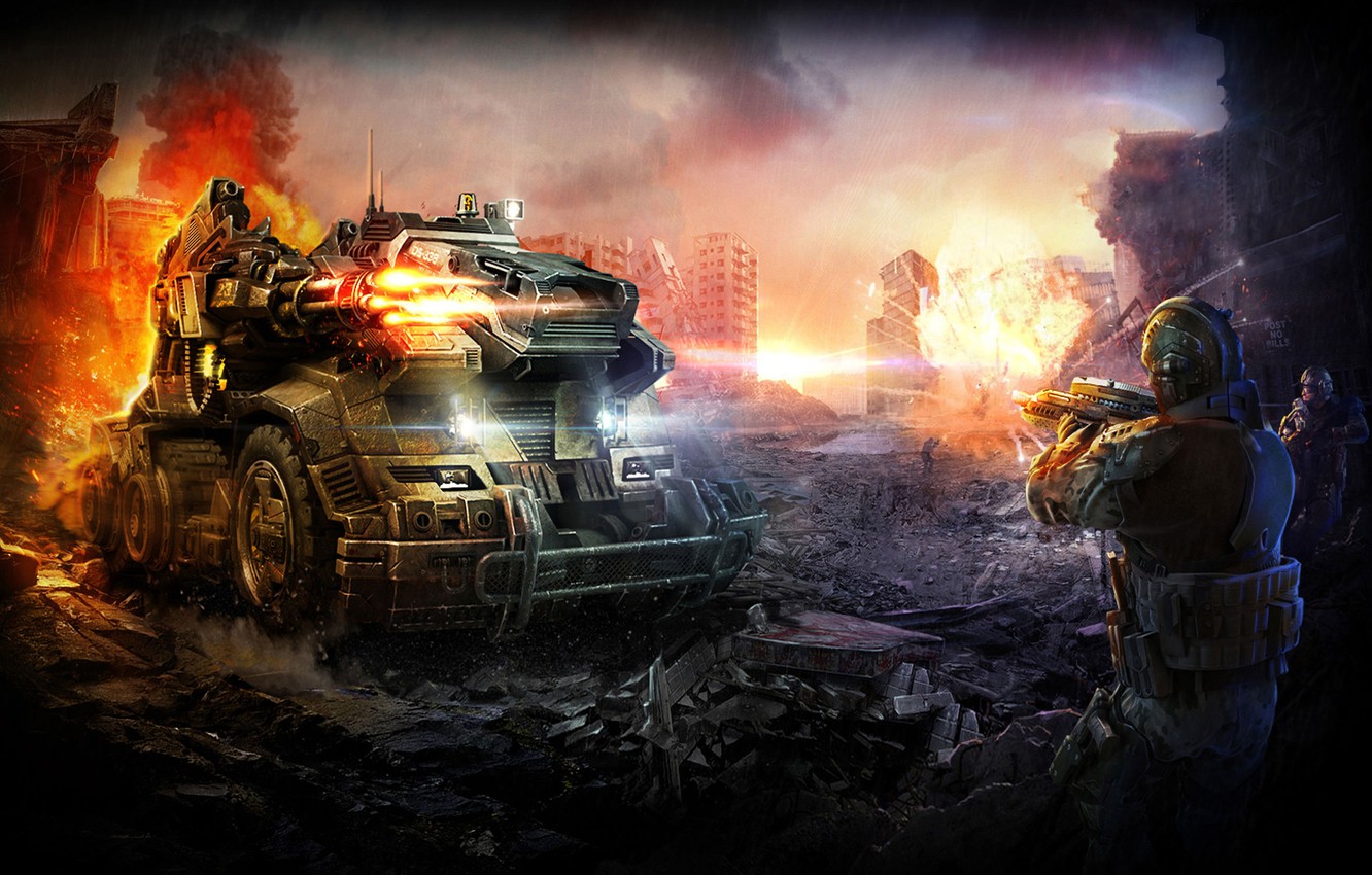 Wallpaper Fire, War, The explosion, Ruins, Soldiers, Weapons, Total Domination, Mole, Plarium, The rules of war, War Machine, Infantryman image for desktop, section игры