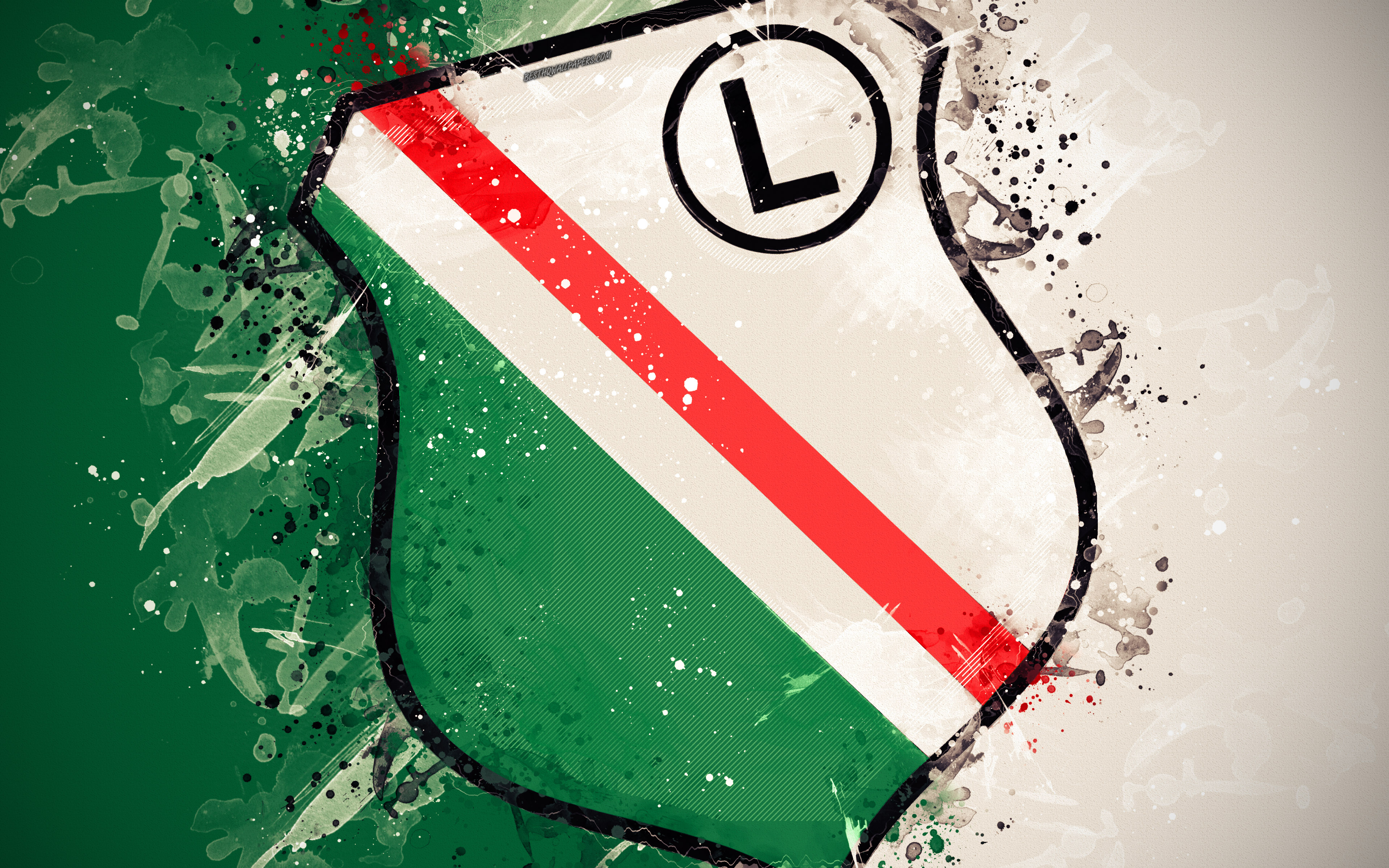 Download wallpaper Legia Warszawa, 4k, paint art, logo, creative, Polish football team, Ekstraklasa, emblem, green white background, grunge style, Warsaw, Poland, football for desktop with resolution 3840x2400. High Quality HD picture wallpaper
