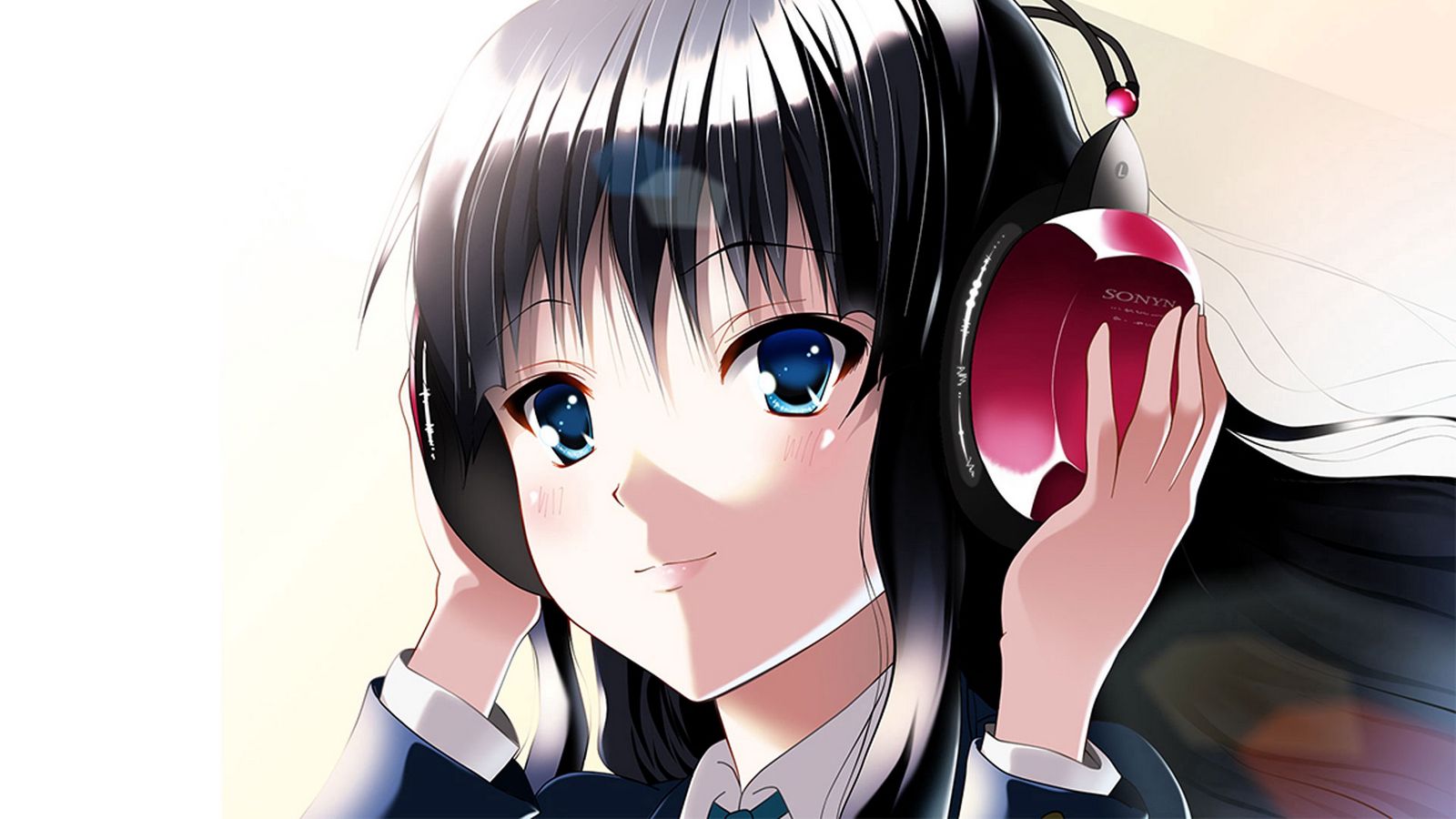 Download wallpaper 1600x900 anime, girl, brunette, headphones, hand, smile, music widescreen 16:9 HD background