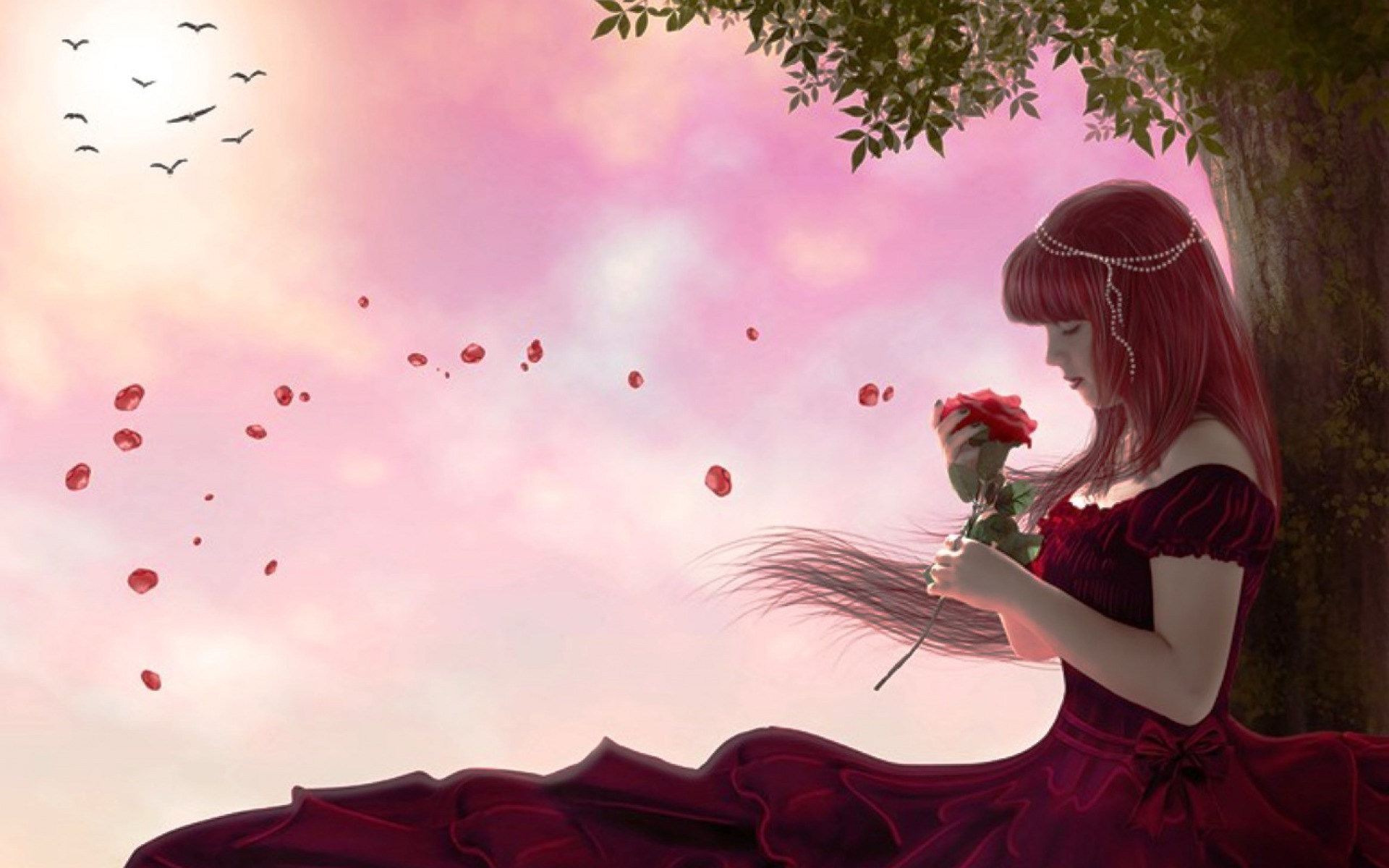 Woman Red Hair Dress Rose Tree wallpaper. Woman Red Hair Dress Rose Tree