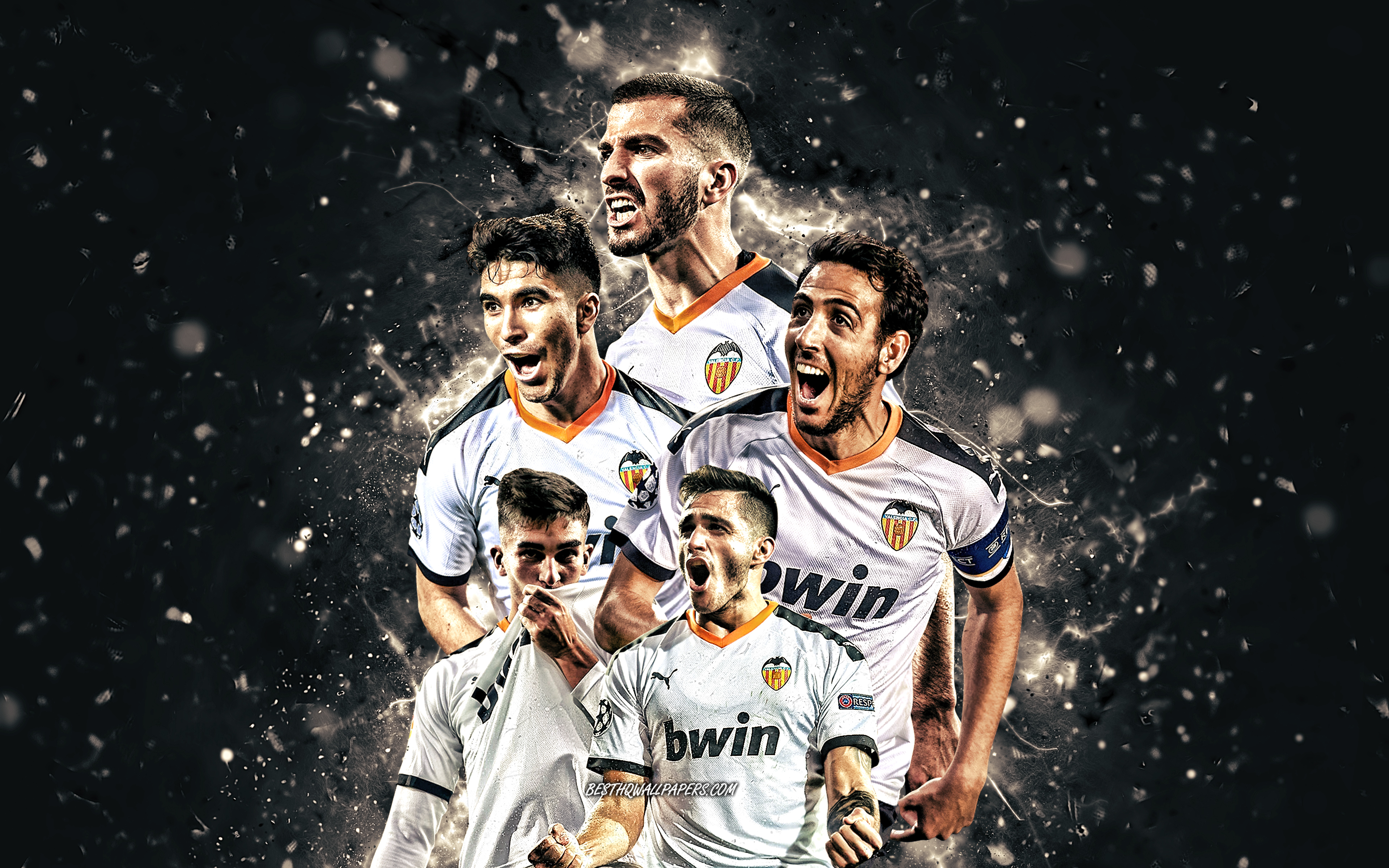 Download wallpaper Dani Parejo, Ferran Torres, Jose Luis Gaya, Carlos Soler, Maxi Gomez, 4k, Valencia FC, La Liga, football stars, LaLiga, Valencia team, neon lights, soccer, Valencia CF for desktop with resolution