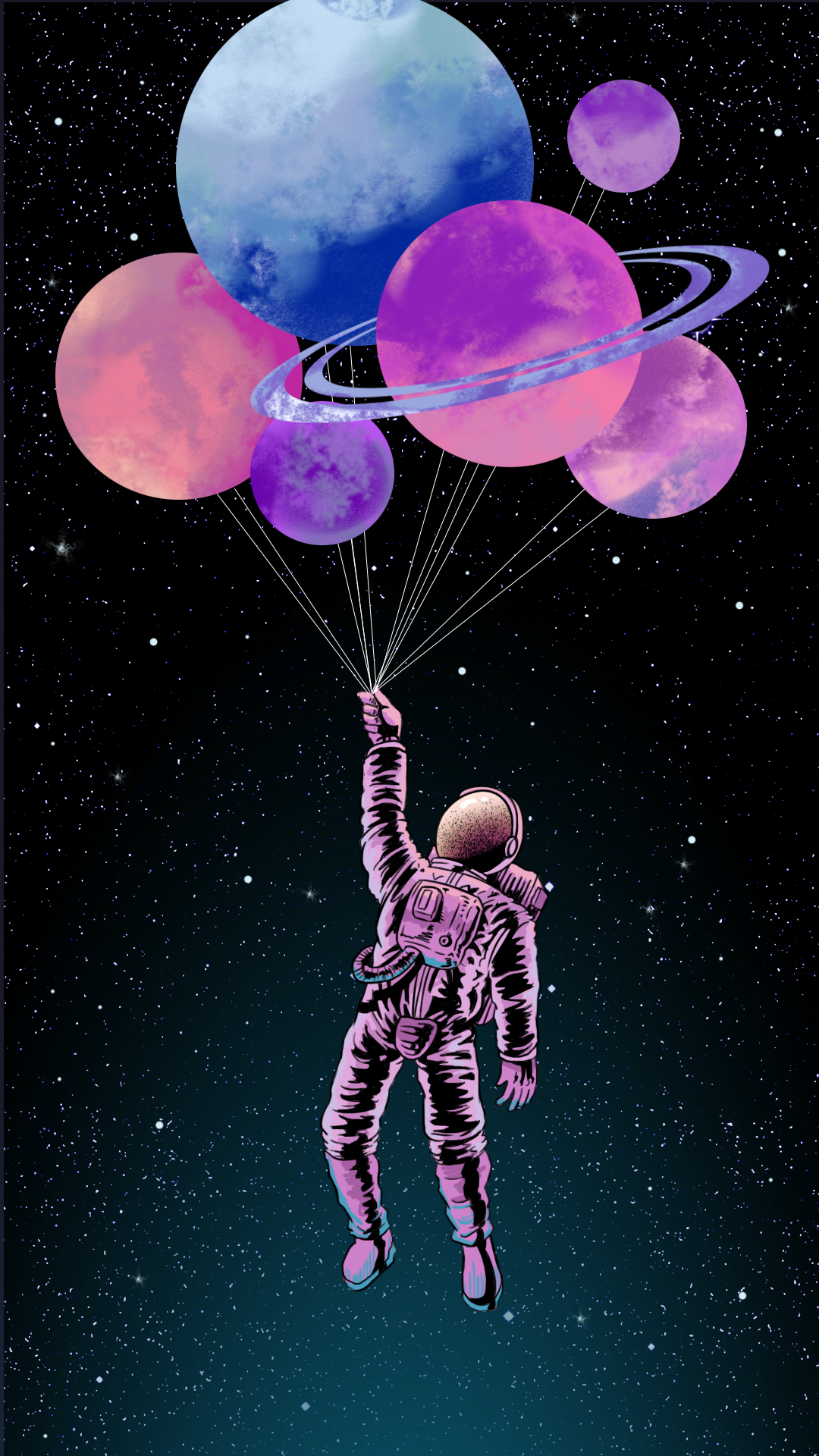 Balloon, Pink, Illustration, Graphic design, Sky, Organism. Wallpaper space, Astronaut wallpaper, Planets wallpaper