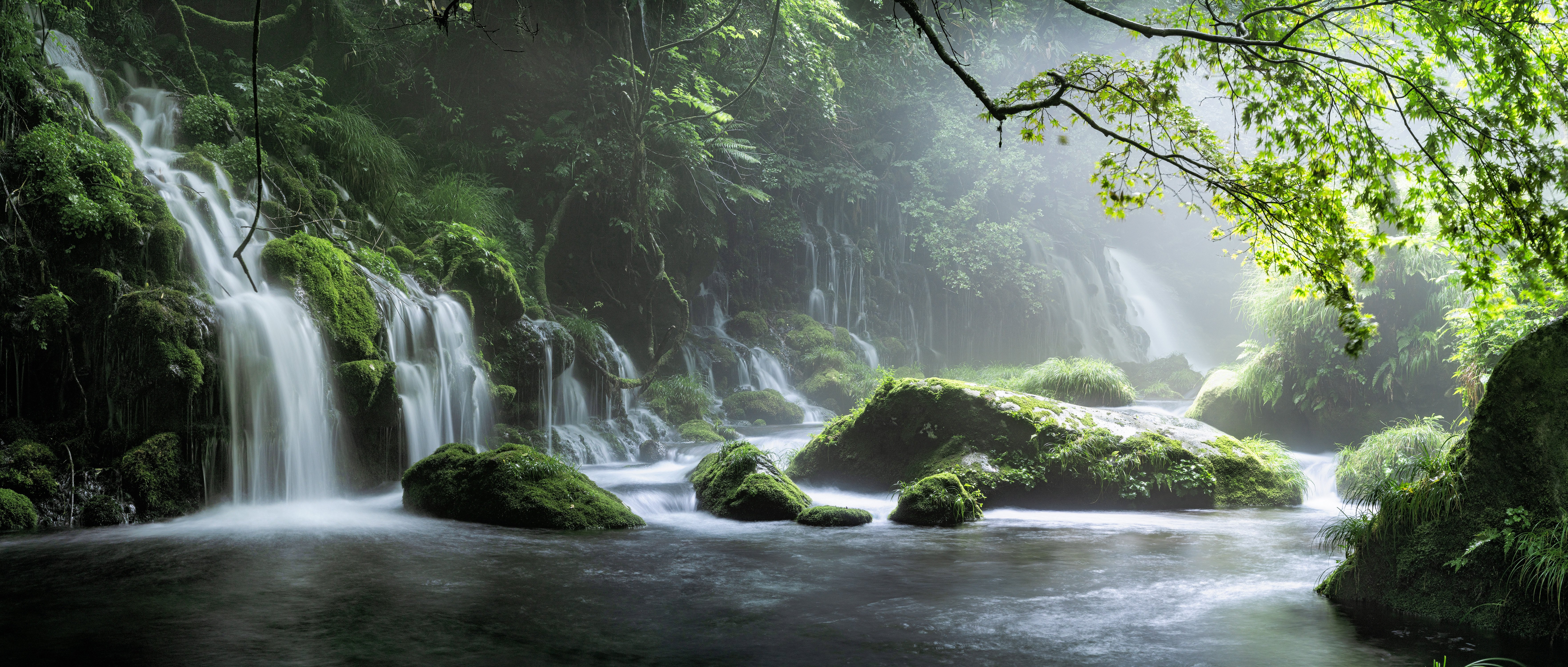 Spring Waterfall Stone Fog Mist Green Forest 8k, HD Nature, 4k Wallpaper, Image, Background, Photo and Picture