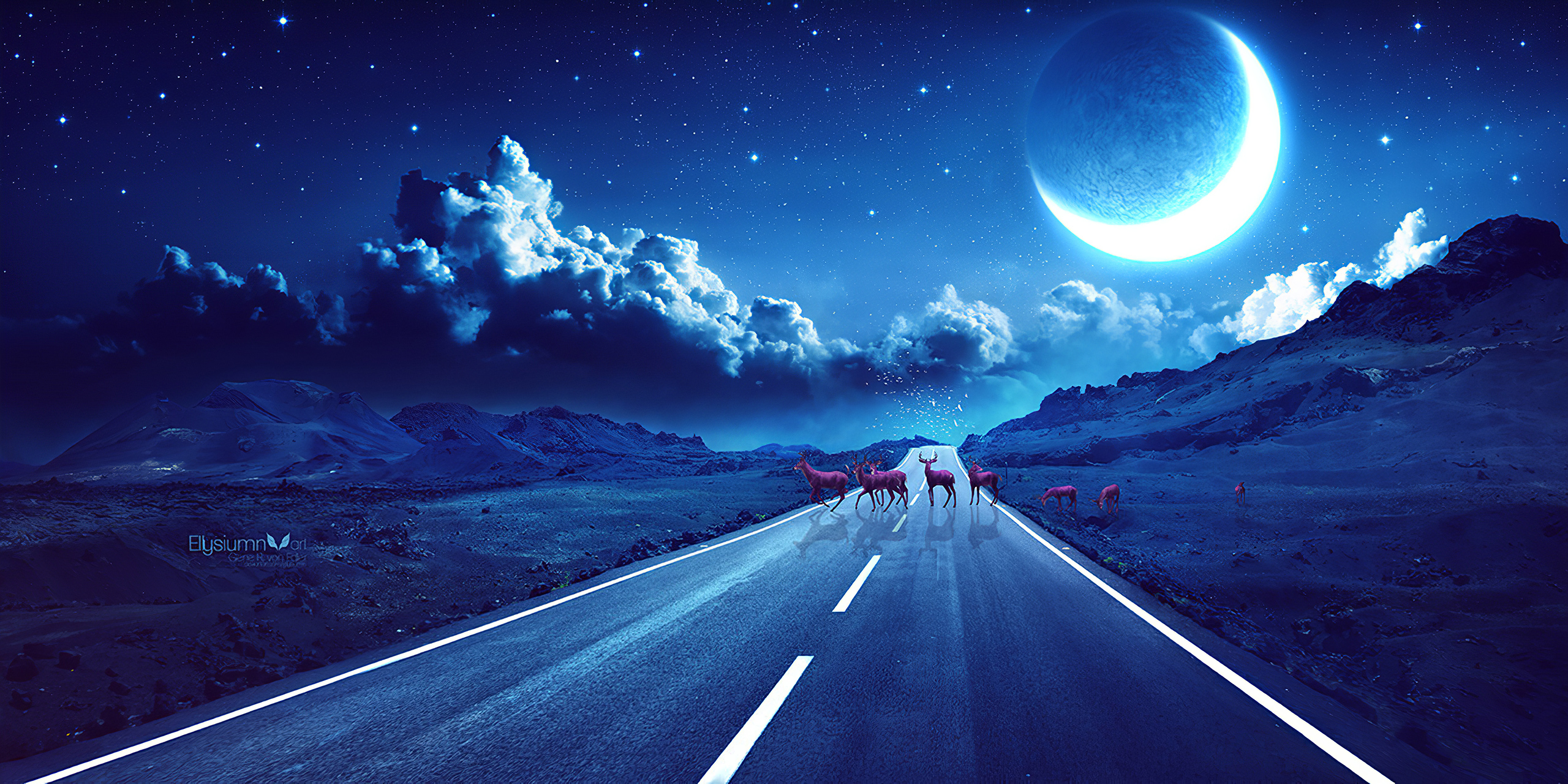 Deer Crossing The Road Magical Night, HD Artist, 4k Wallpaper, Image, Background, Photo and Picture