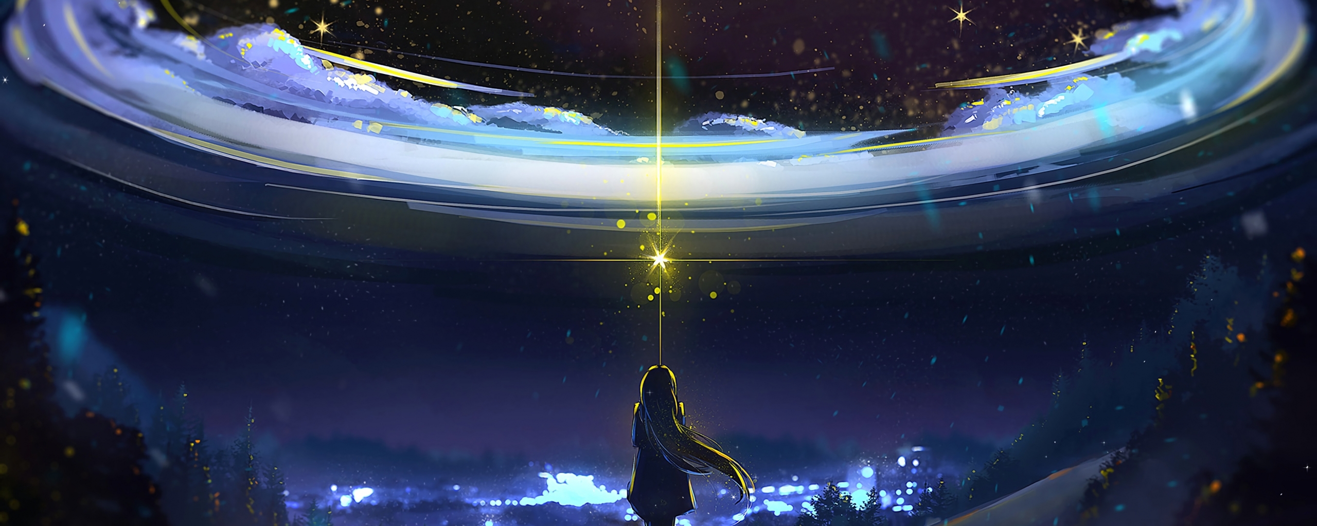 Wallpaper Stars, Anime Girl, Back View, Bokeh, Magic, Night:3706x2294