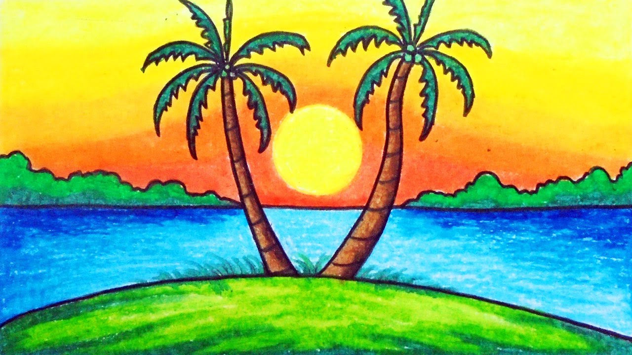 Easy Scenery. Drawing Sunset Scenery Step by Step with Oil Pastels