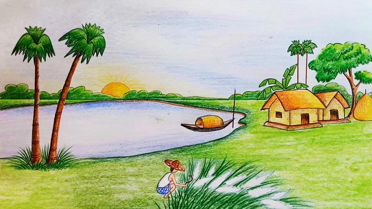 Natural Scenery Of Bangladesh Wallpaper Drawing For Class 8 Wallpaper & Background Download