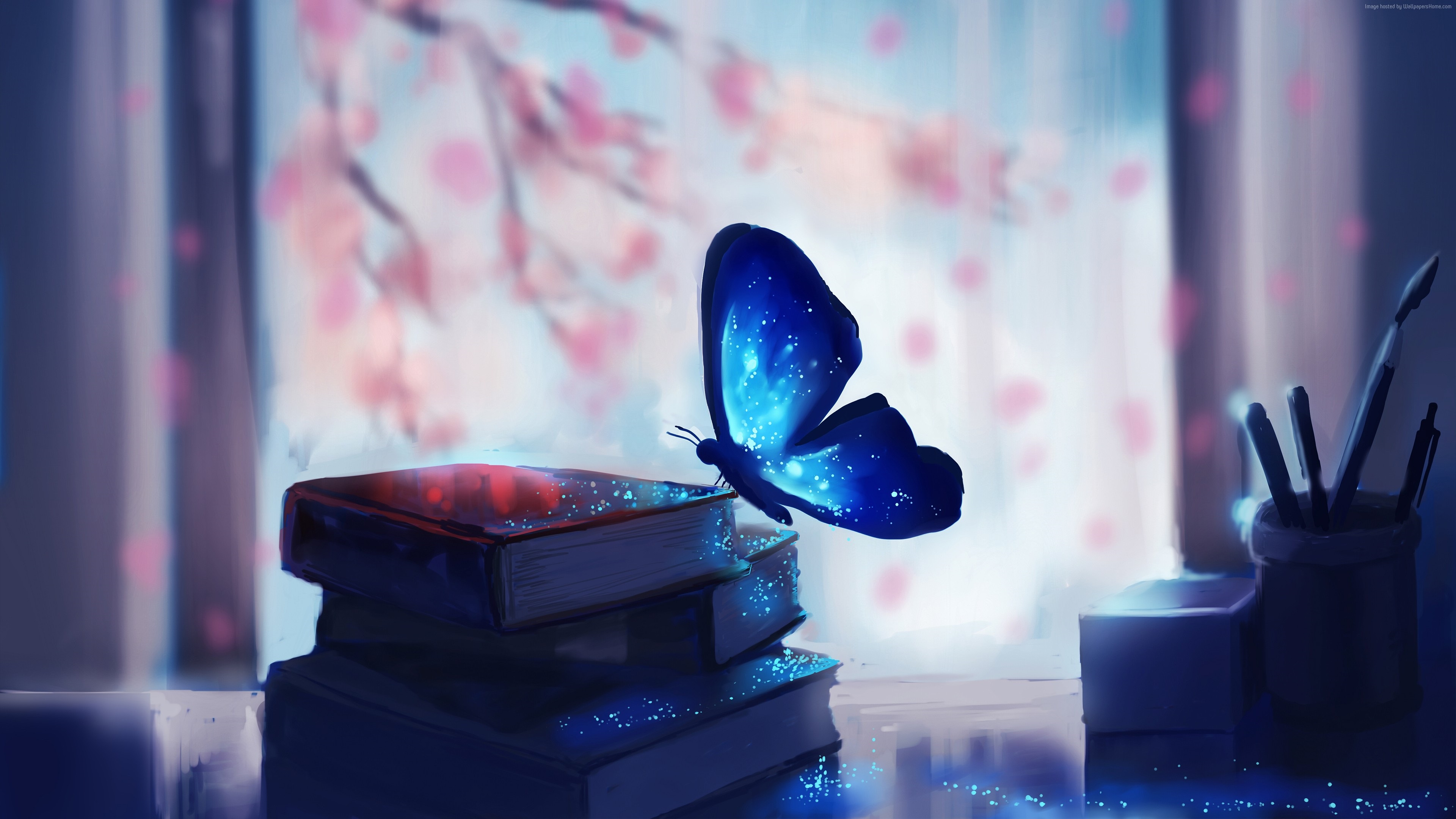 Wallpaper Butterfly and books, magic, blue, creative art drawing 3840x2160 UHD 4K Picture, Image