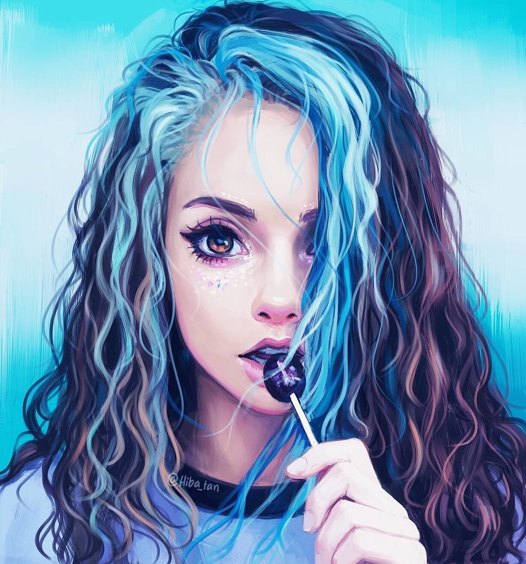 blue hair, Women, Looking at viewer, Artwork, Drawing, Blue background, Lollipop Wallpaper HD / Desktop and Mobile Background