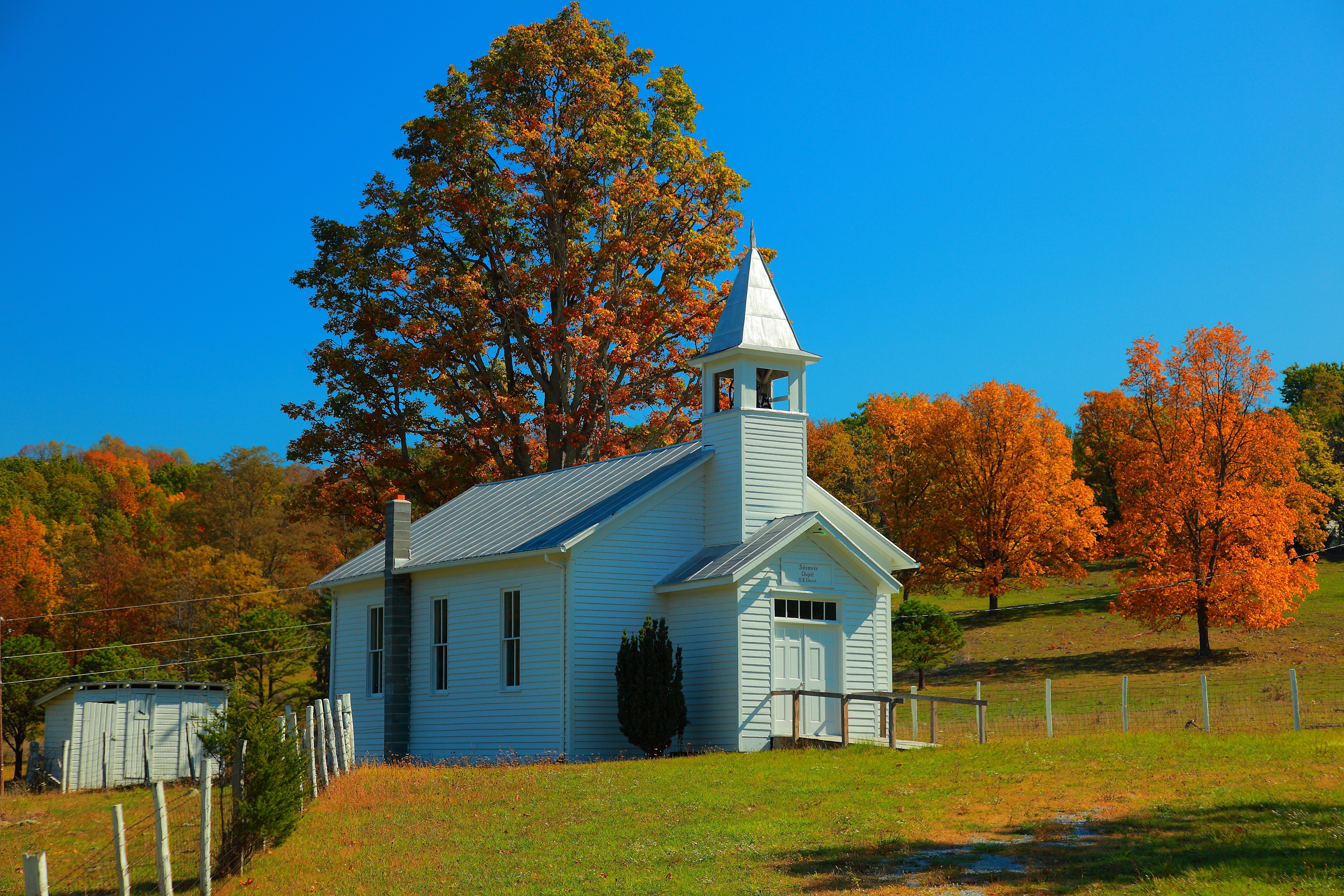 24x16in Photo Paper Country Church Bright Sunny Autumn Day