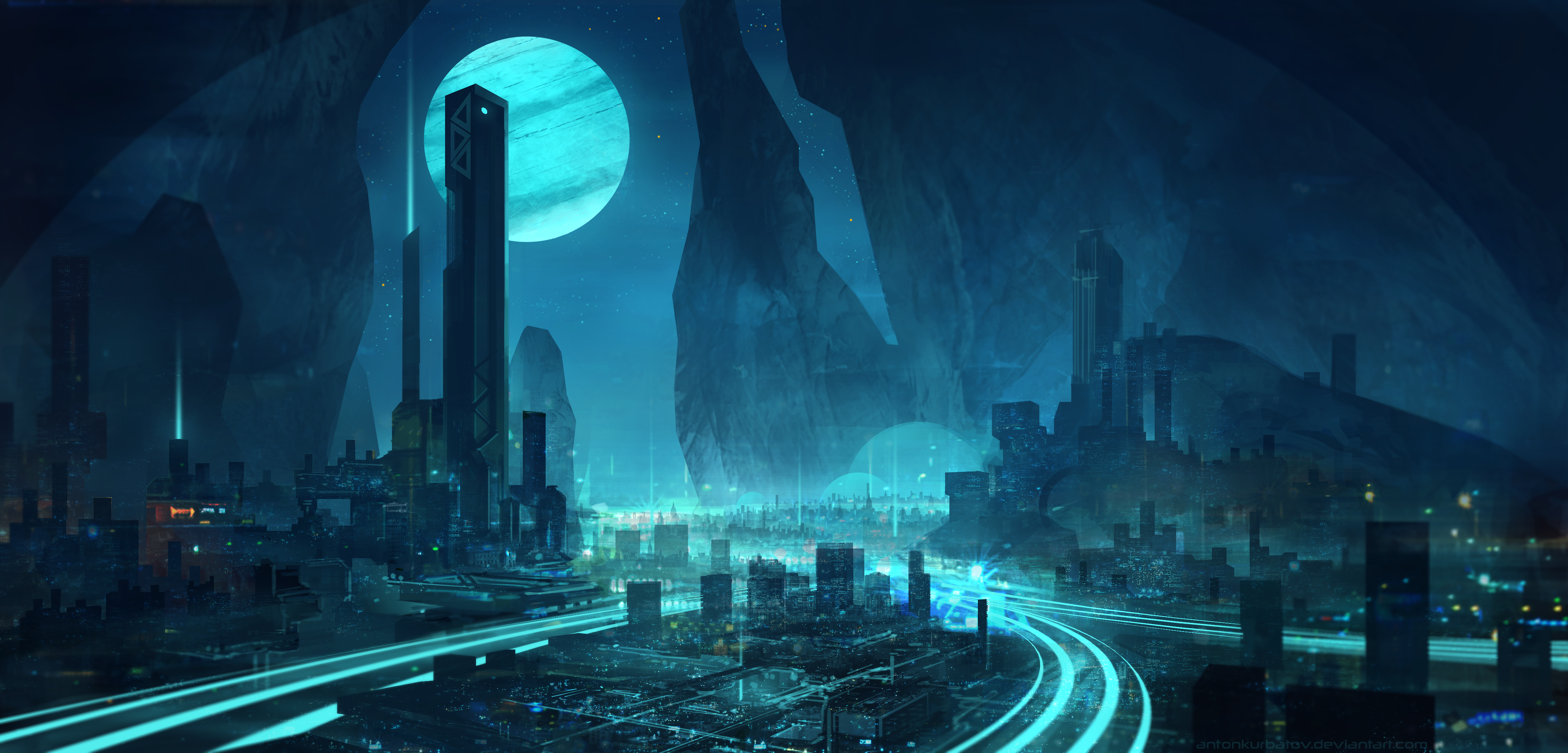Digital Digital Art Artwork Drawing Digital Painting Illustration Lights Blue Cyan City Cityscape La Wallpaper:4618x2220