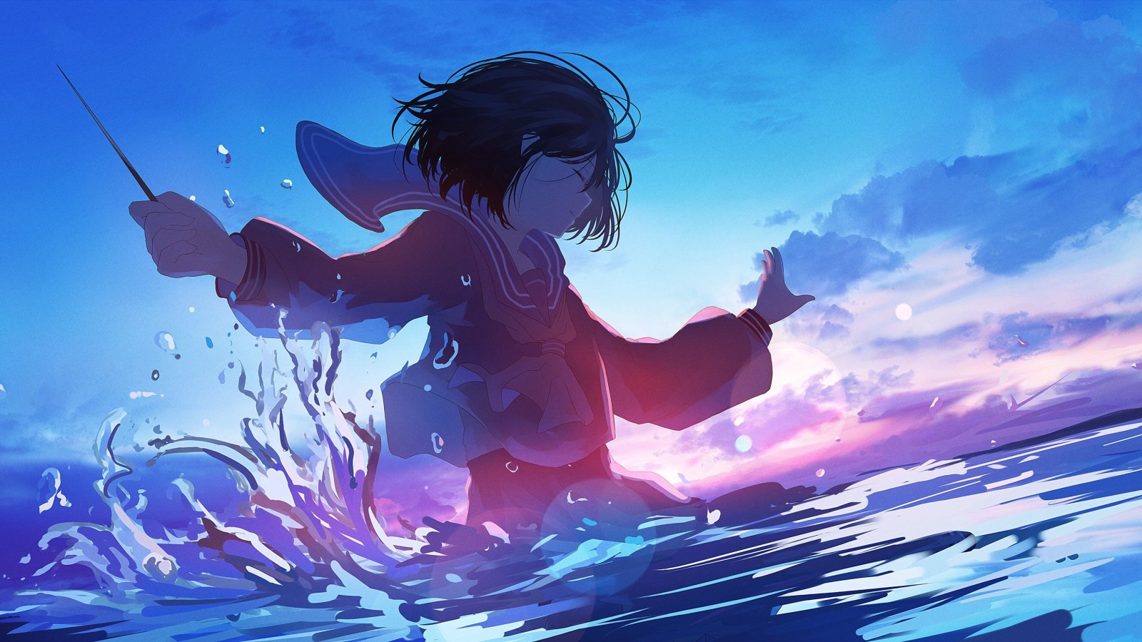 Download 1600x900 Anime Girl, Ocean, Swimming, Closed Eyes, Water Splash, Sunset, Bokeh Wallpaper