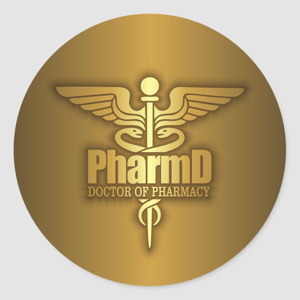 Gold Caduceus (PharmD) Classic Round Sticker. Zazzle.com. Doctor of pharmacy, Pharmacy gifts, Pharmacy art