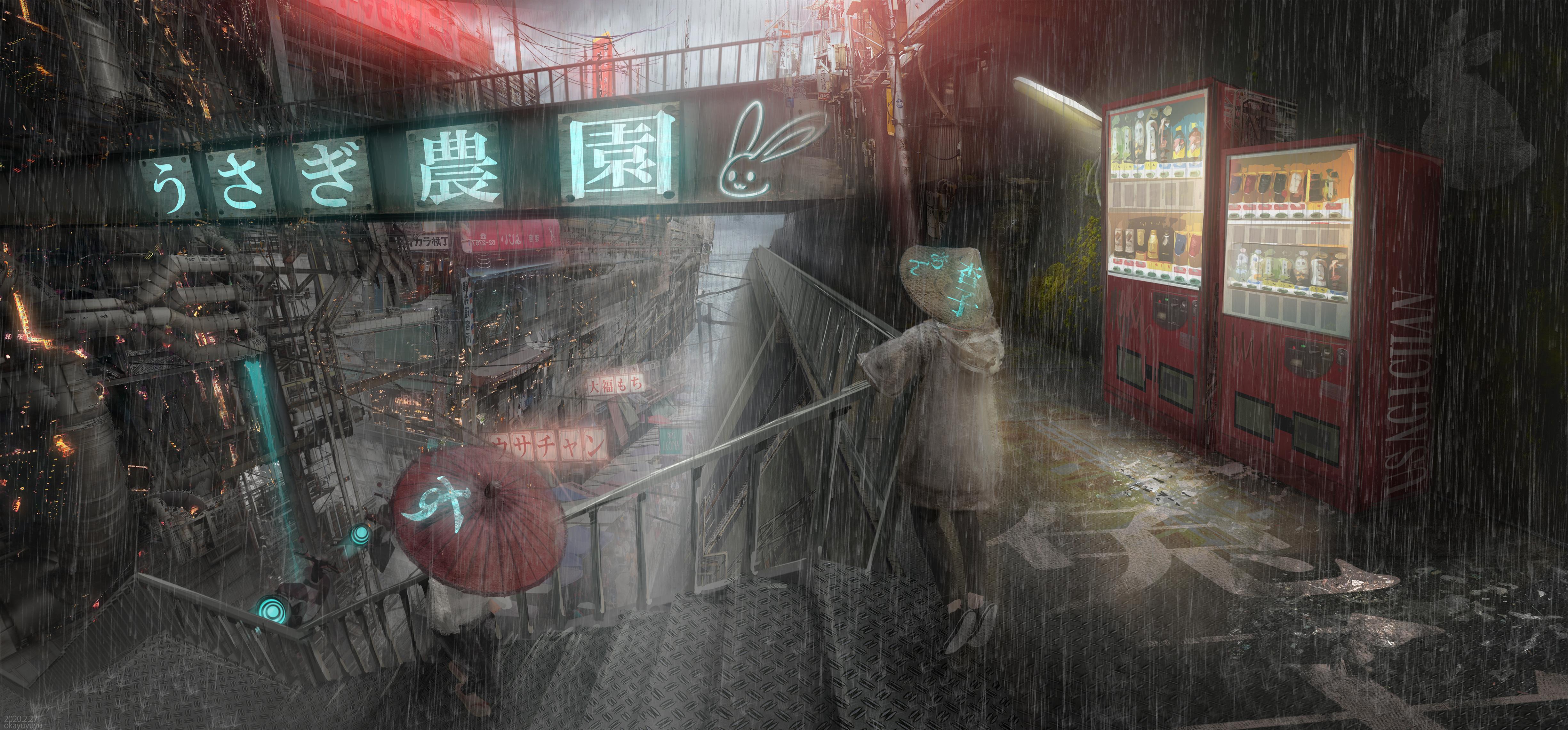 Artwork Fantasy Art Asian City Rain Wallpaper:4900x2282
