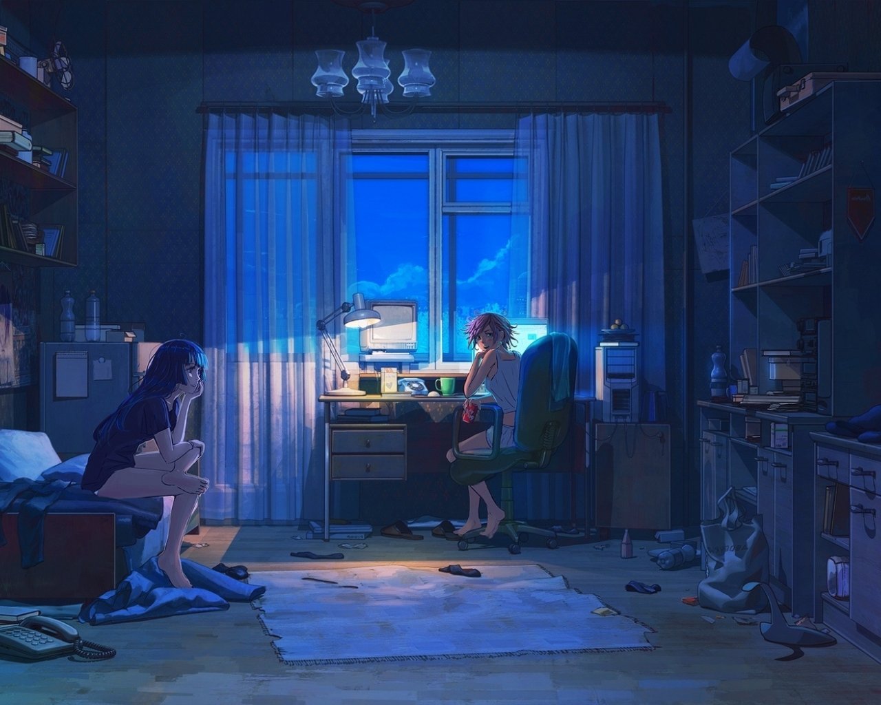 Wallpaper Computer, Room, Anime Girl, Night, Summer:1680x1050