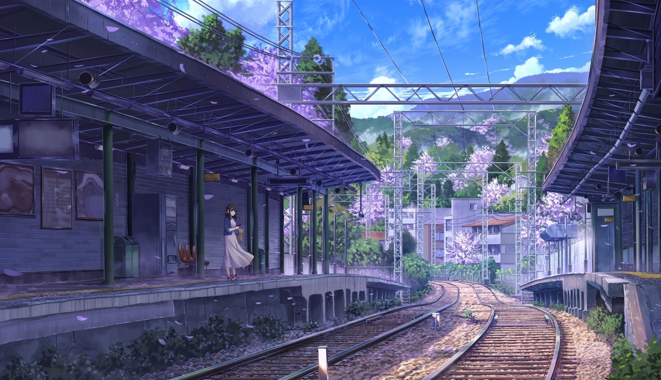 Wallpaper Anime Train Station, Girl, Summer, Purple Flowers:1920x1357