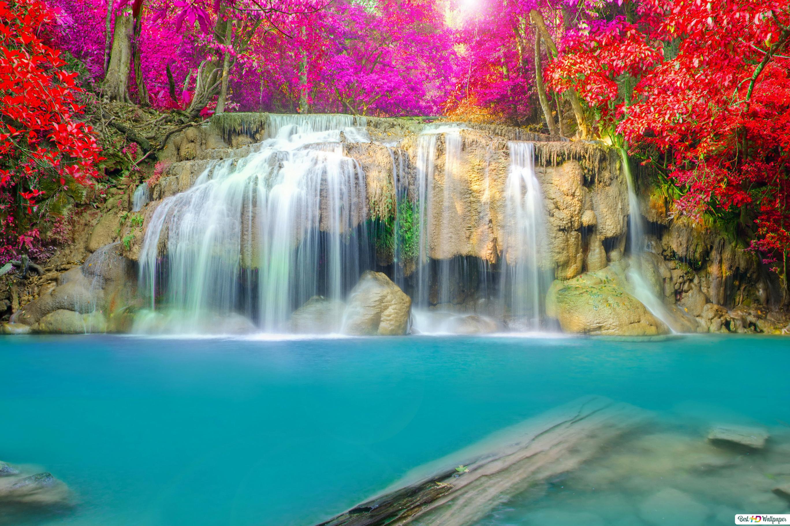 Waterfall flows into the blue lake HD wallpaper download
