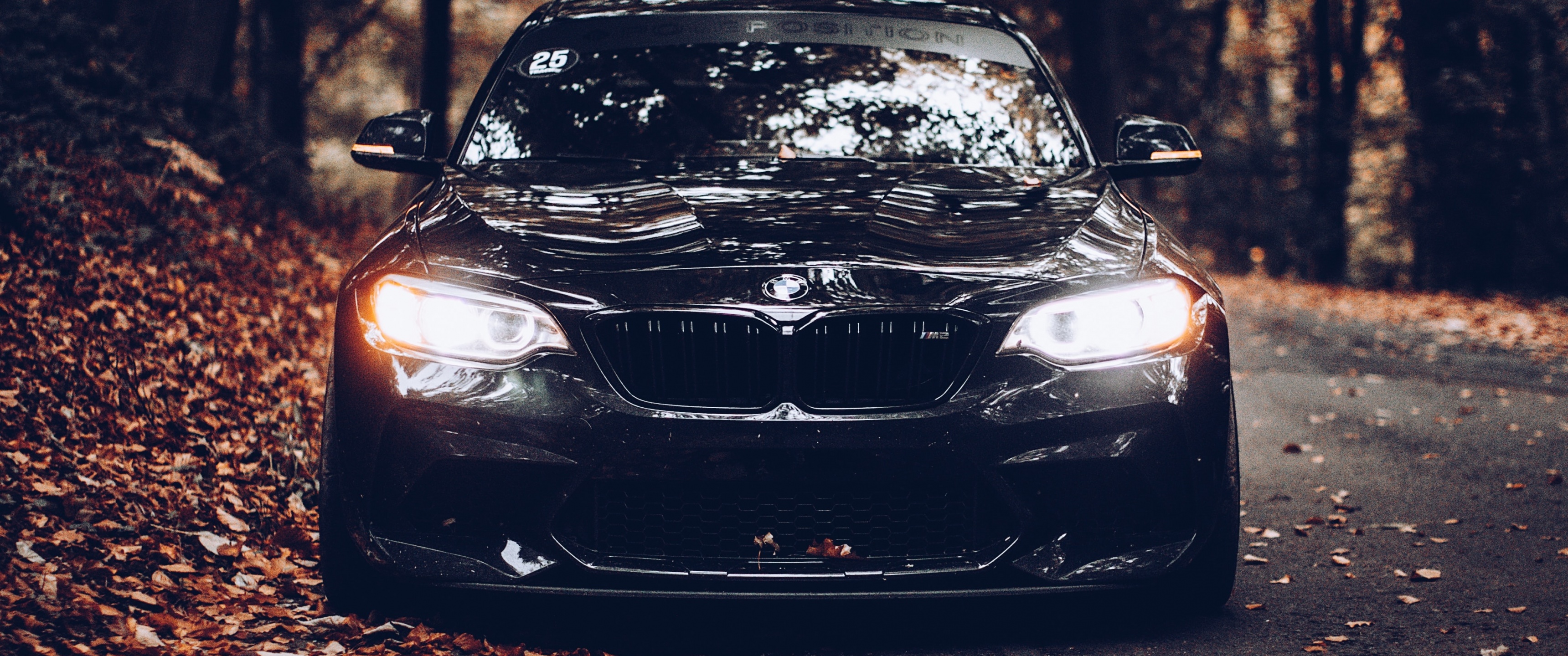 BMW Wallpaper 4K, Black cars, Cinematic, Autumn, Foliage, Road, Cars