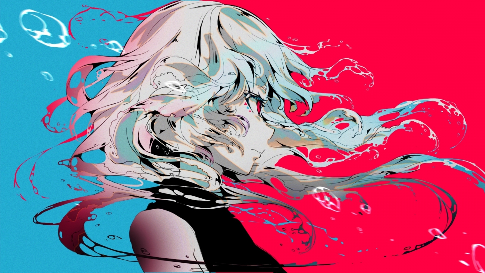 Wallpaper Profile View, Anime Girl, Gray Hair, Polychromatic, Red And Blue:1920x1080