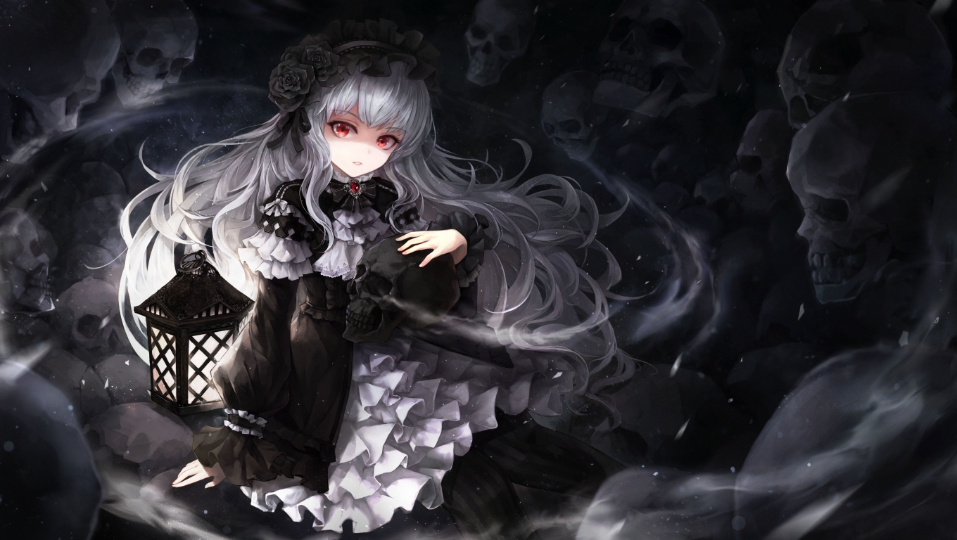 Wallpaper Lantern, Red Eyes, White Hair, Skulls, Dress, Gothic Anime Girl:5760x3240