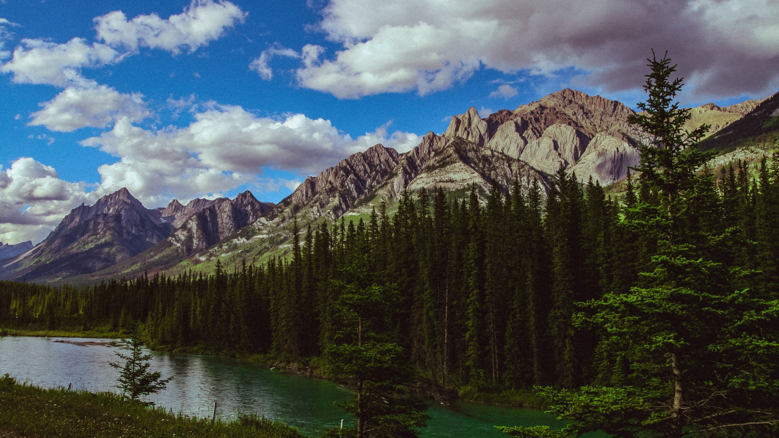 Download Mountains, river, nature, forest, trees, Canada wallpaper, 2560x1440, Dual Wide, Widescreen 16:9, Widescreen