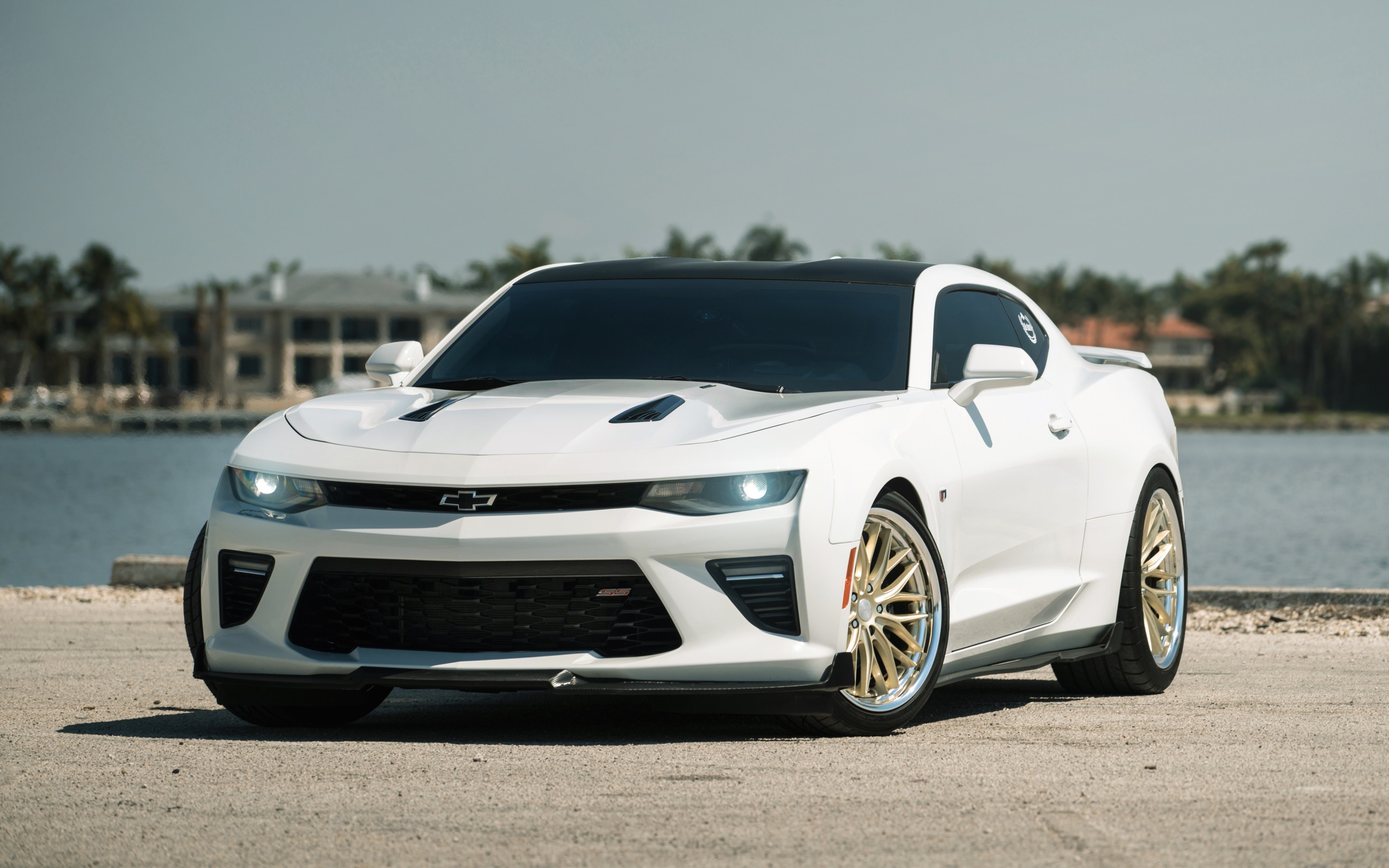 Download wallpaper Chevrolet Camaro SS, sports car, sports coupe, white Camaro, American cars, tuning Camaro, Chevrolet for desktop with resolution 2880x1800. High Quality HD picture wallpaper