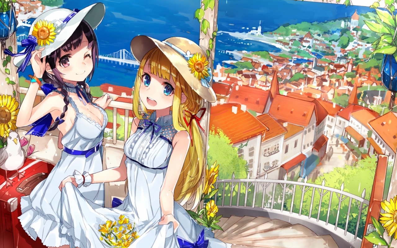 Wallpaper Anime Girls, Hat, Ocean, City Landscape, Summer Dress, Summer:1400x1016