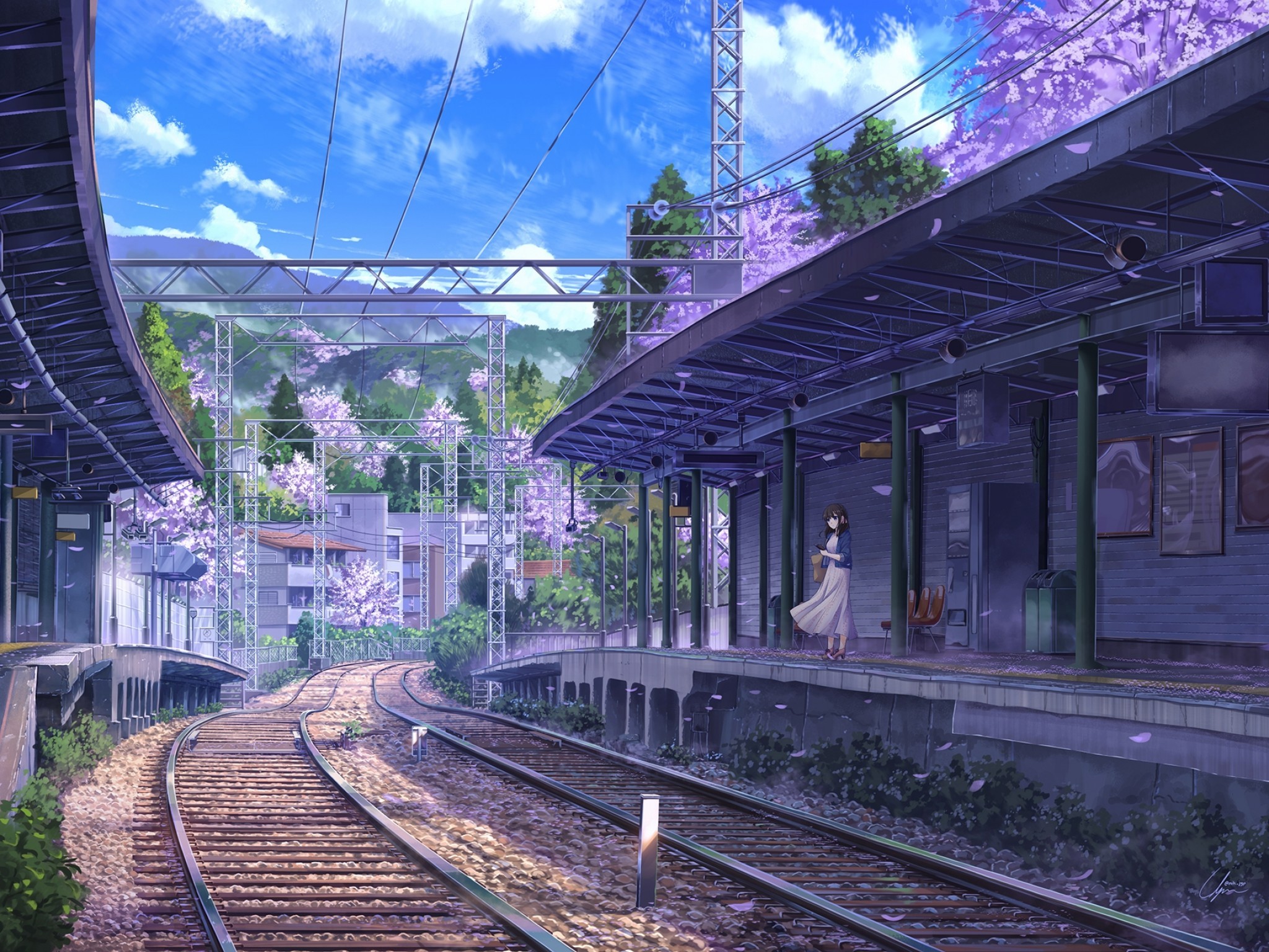 Anime Train Station, Girl, Summer, Purple Flowers Train Station Wallpaper & Background Download
