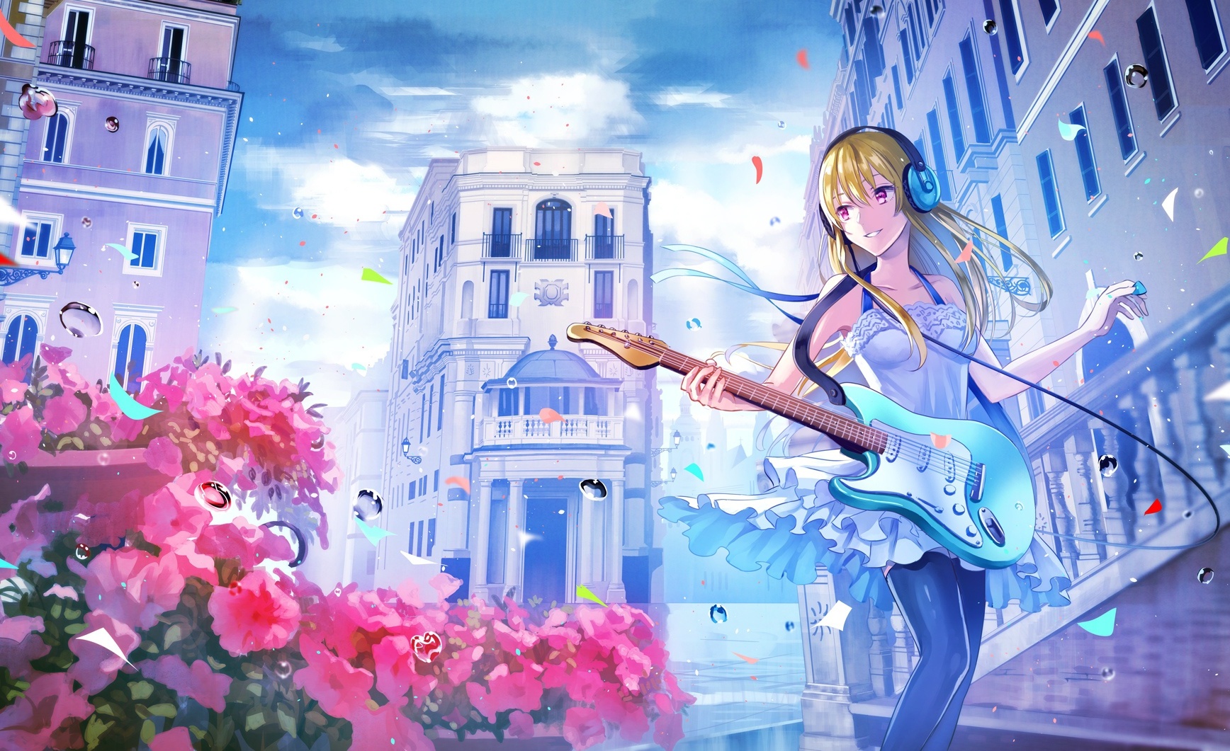Wallpaper Summer, Guitary, Blonde, City, Anime Girl, Buildings, Headphones, Smiling, Flowers:1736x1061