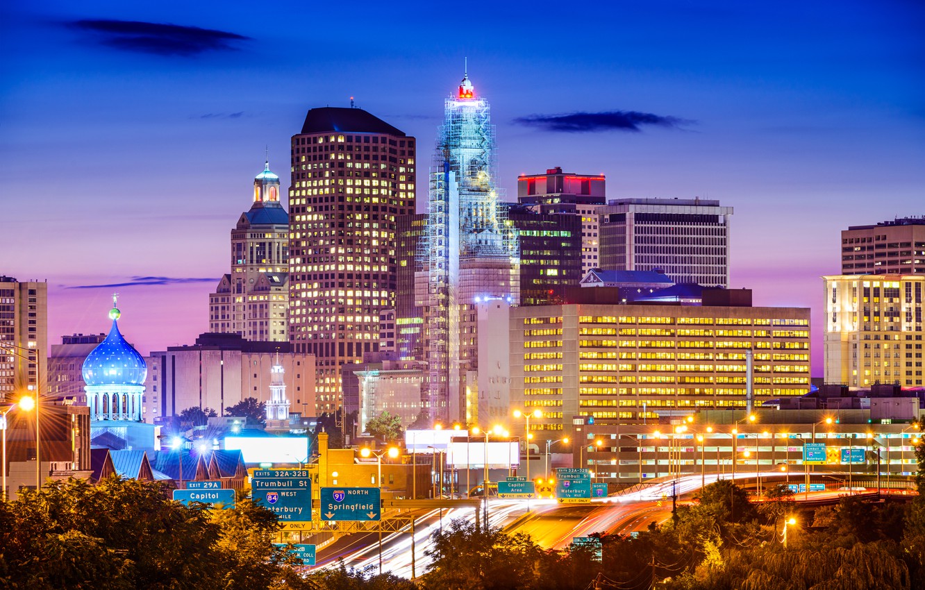 Wallpaper night, building, USA, illumination, Hartford image for desktop, section город