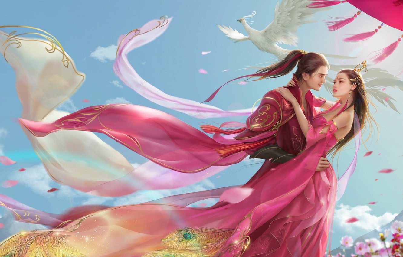 Wallpaper the wind, rainbow, crown, petals, hugs, long hair, blue sky, kosmeya, a couple in love, pink dress, Phoenix, the guy with the girl, Jianyachi L, peacock feathers, Chinese clothing image for