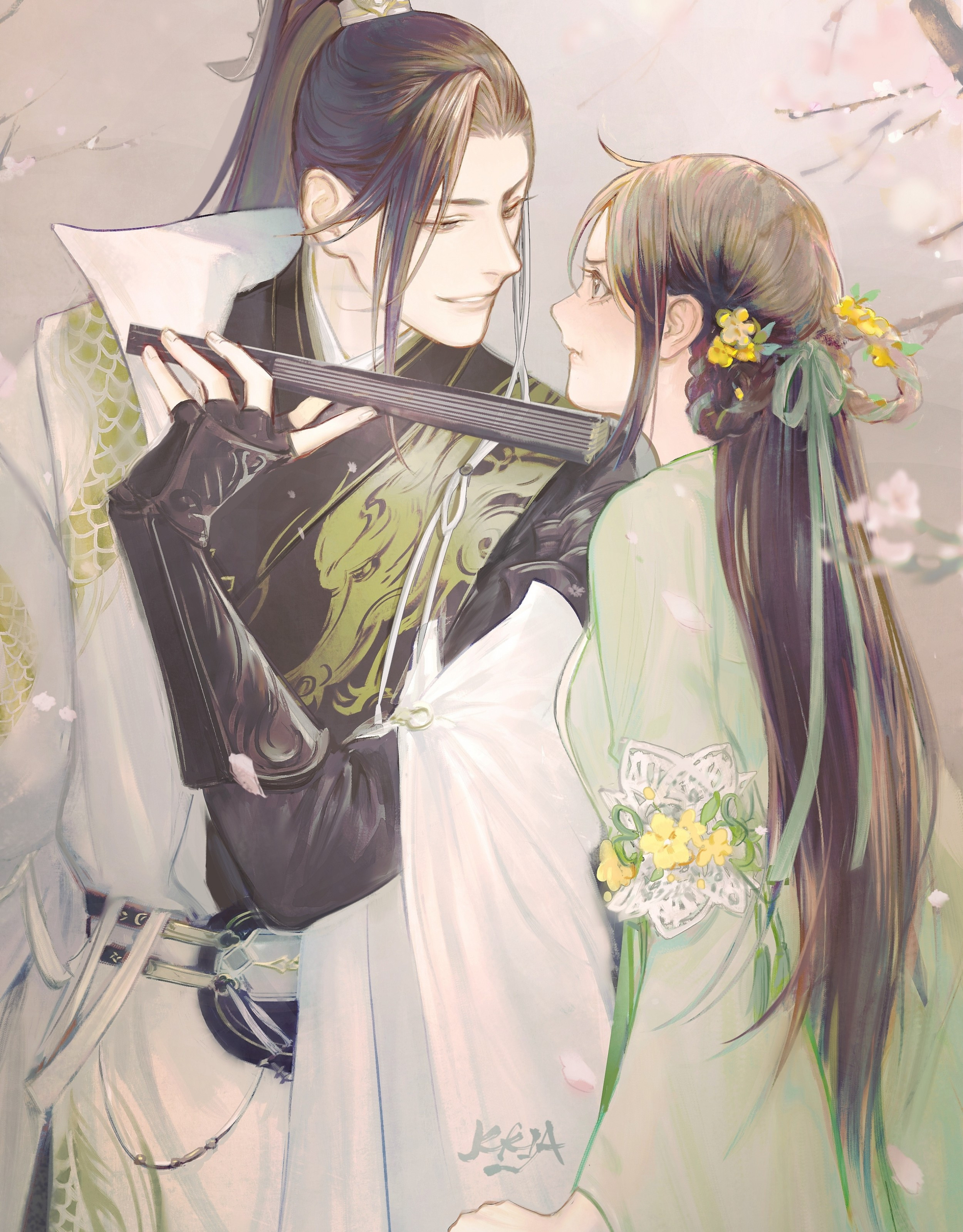 Download 2500x3200 Anime Couple, Romance, Chinese Clothes, Cherry Blossom Wallpaper