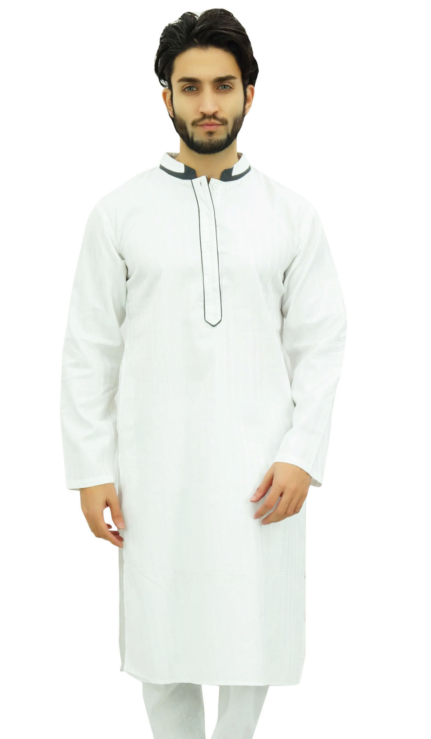Atasi Men's White Kurta Pyjama Set Long Cotton Tunic Shirt Ethnic DKw