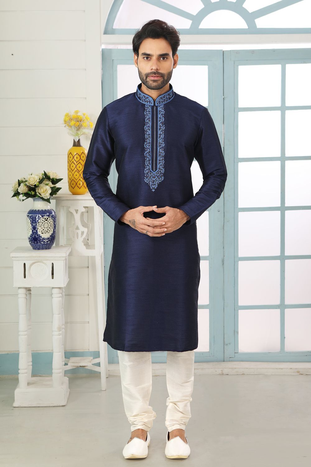 Buy Navy Blue Art Banarasi Silk Kurta Pajama (NMK 5063) Online