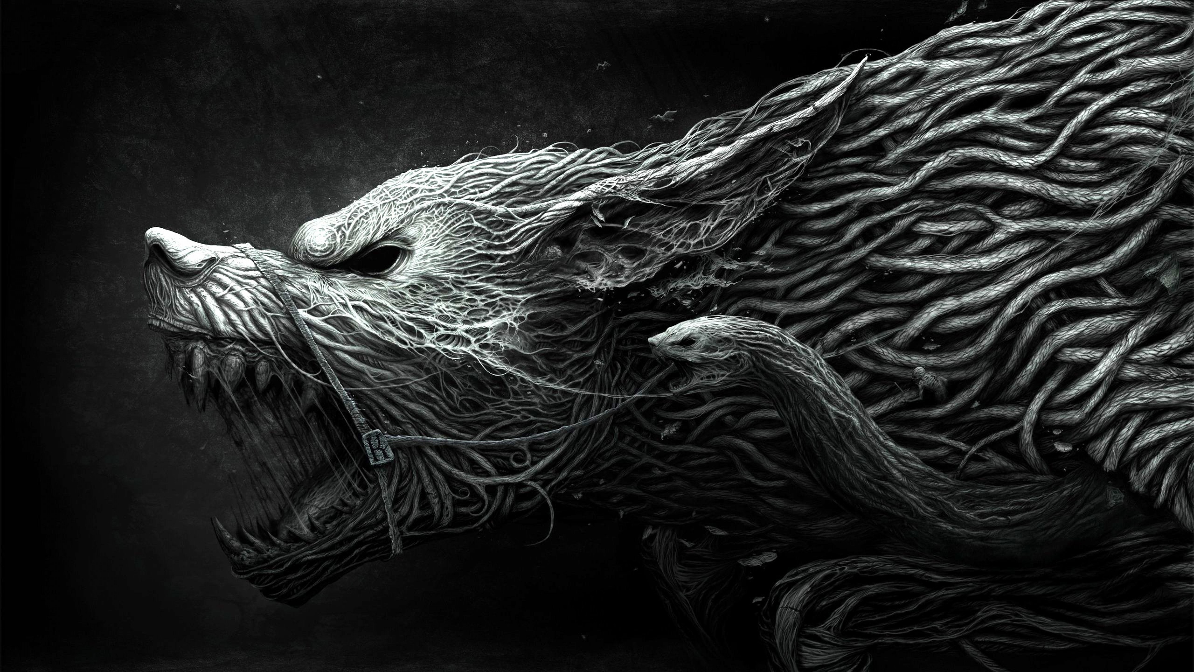 Wallpaper Wolf, Hellhound, art, black and white, dangerous, noise, darkness, Art