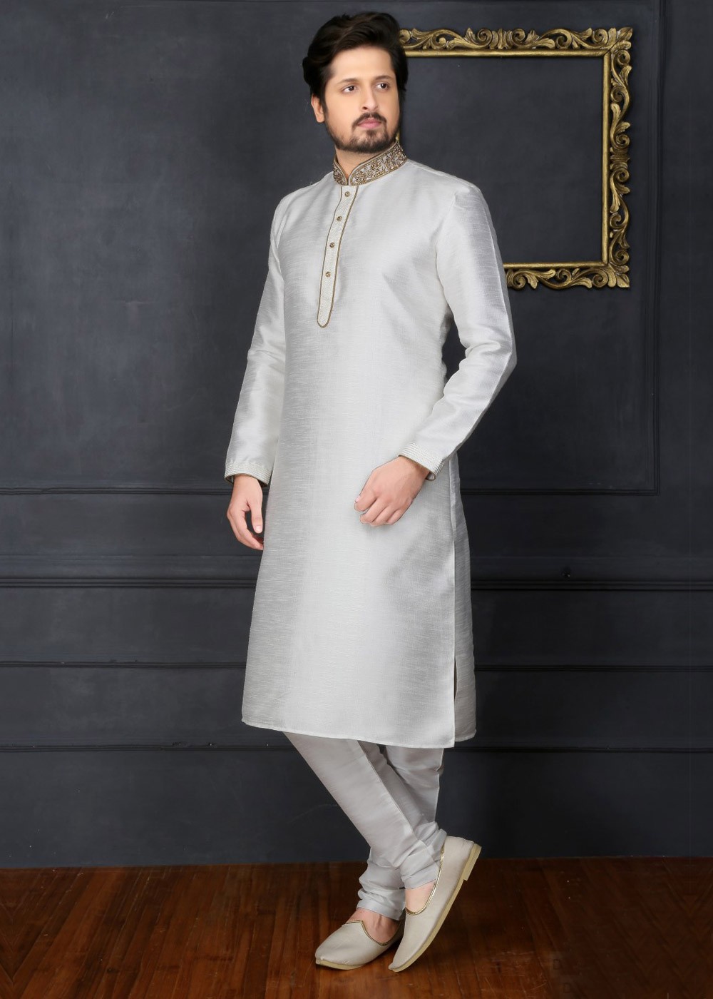 Readymade Off White Art Silk Kurta Pajama Men 167MW01